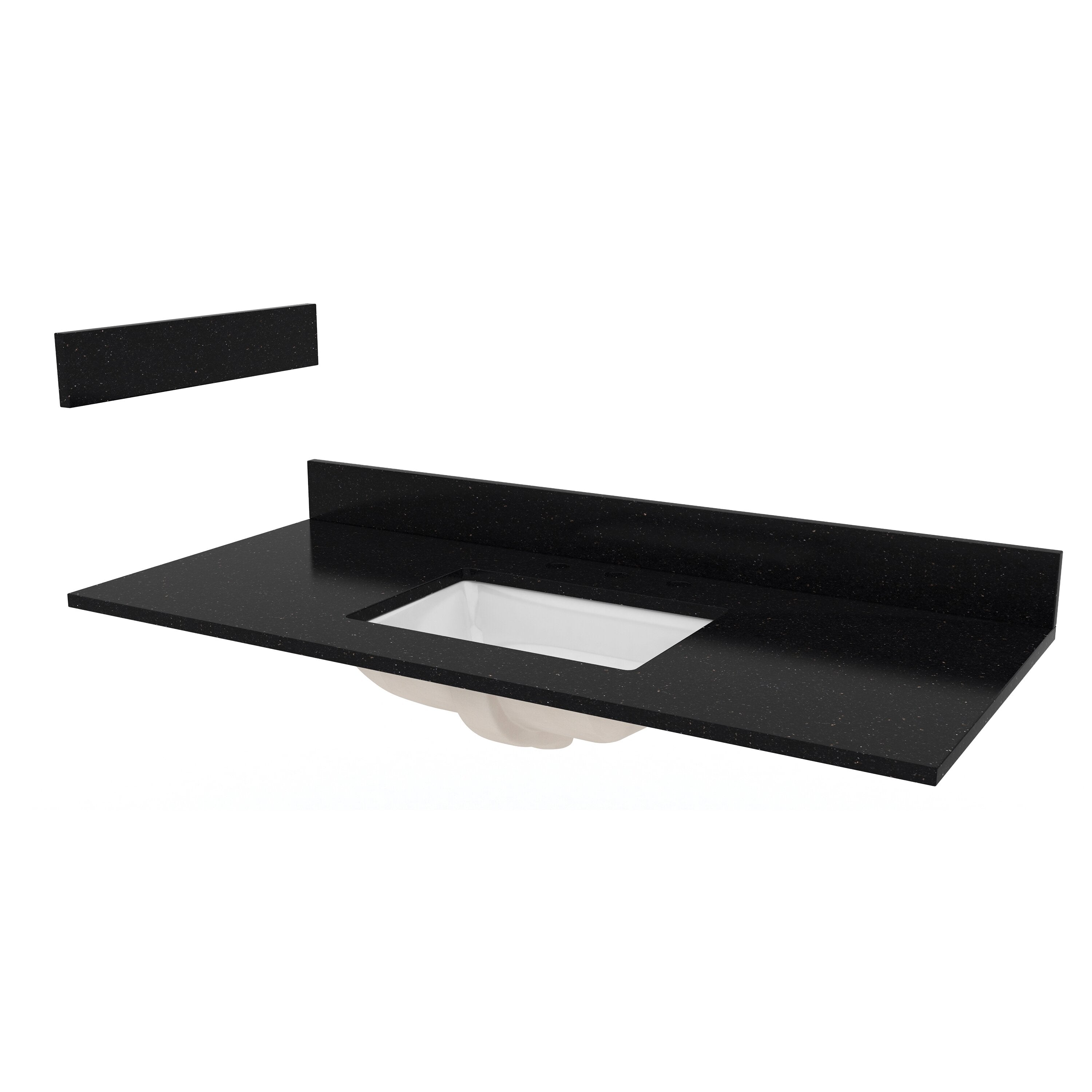 49-inch black quartz vanity top with low backsplash and rectangular white undermount ceramic sink, subtle speckled stone pattern and a separate matching backsplash piece shown.