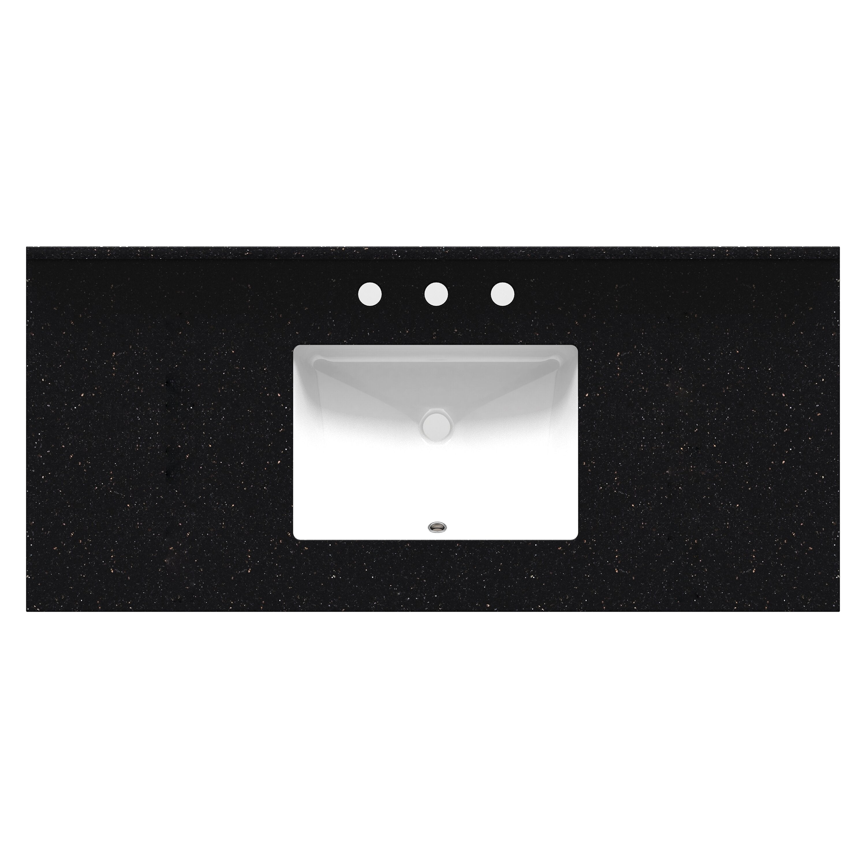 Top-down view of a 49-inch black quartz vanity top featuring a white rectangular undermount ceramic sink, three predrilled faucet holes and subtle metallic flecks in the stone.