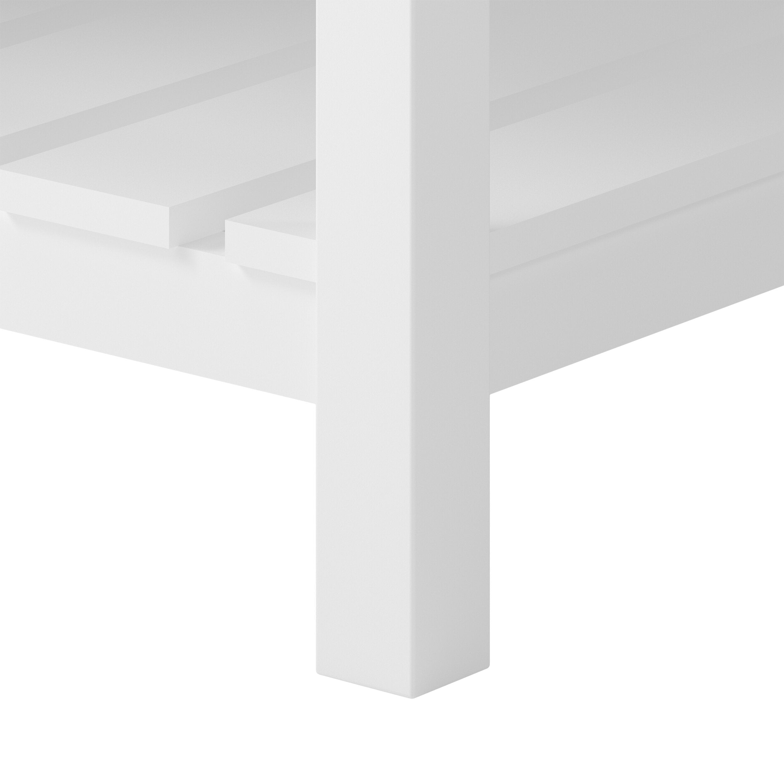Close-up of a solid wood bathroom vanity corner leg and slatted lower shelf in a clean matte finish, highlighting the modern freestanding vanity’s construction and joinery.