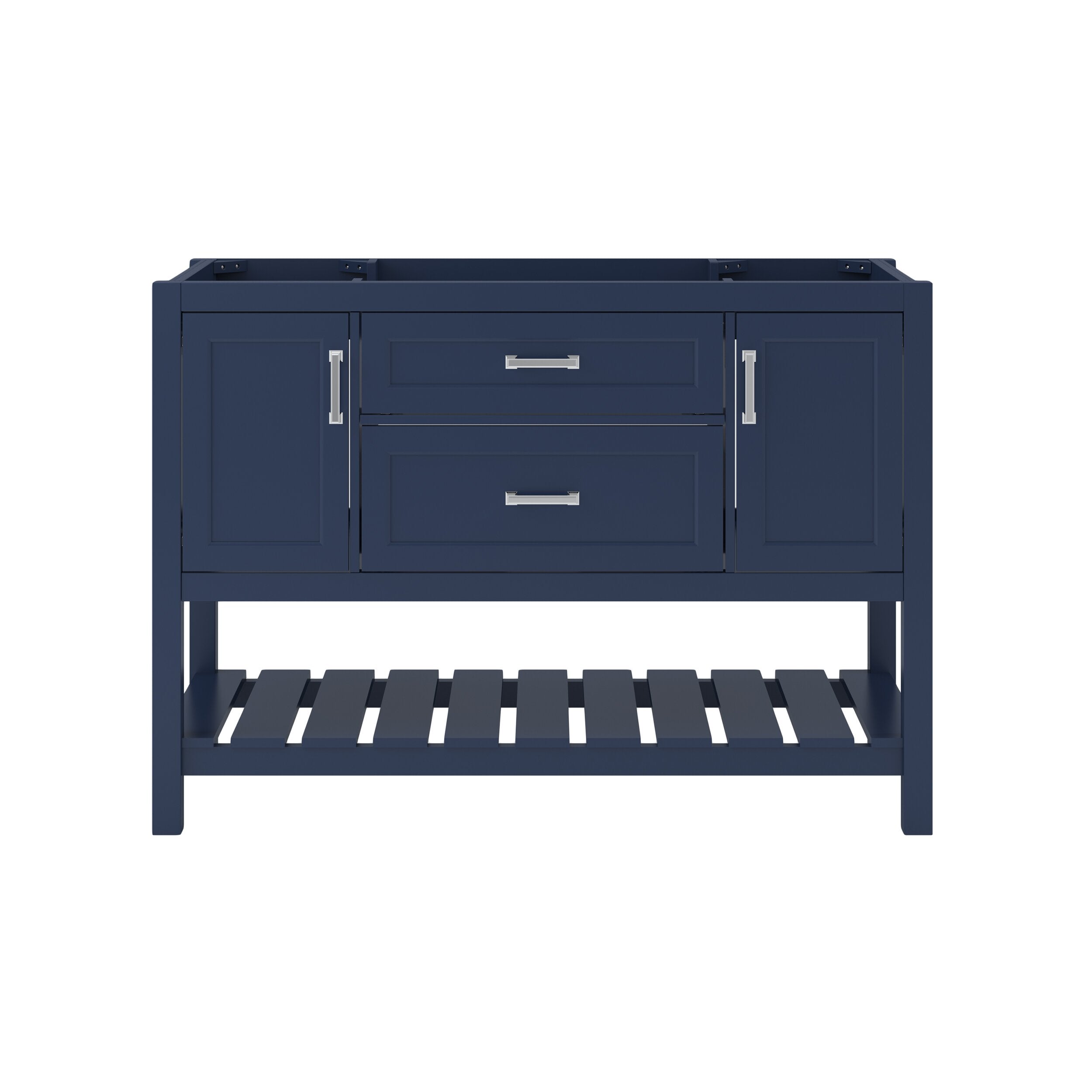 49-inch modern solid wood single-sink bathroom vanity in black with silver rectangular handles, two center drawers, two side cabinet doors, slatted open lower shelf and space for a black quartz countertop.