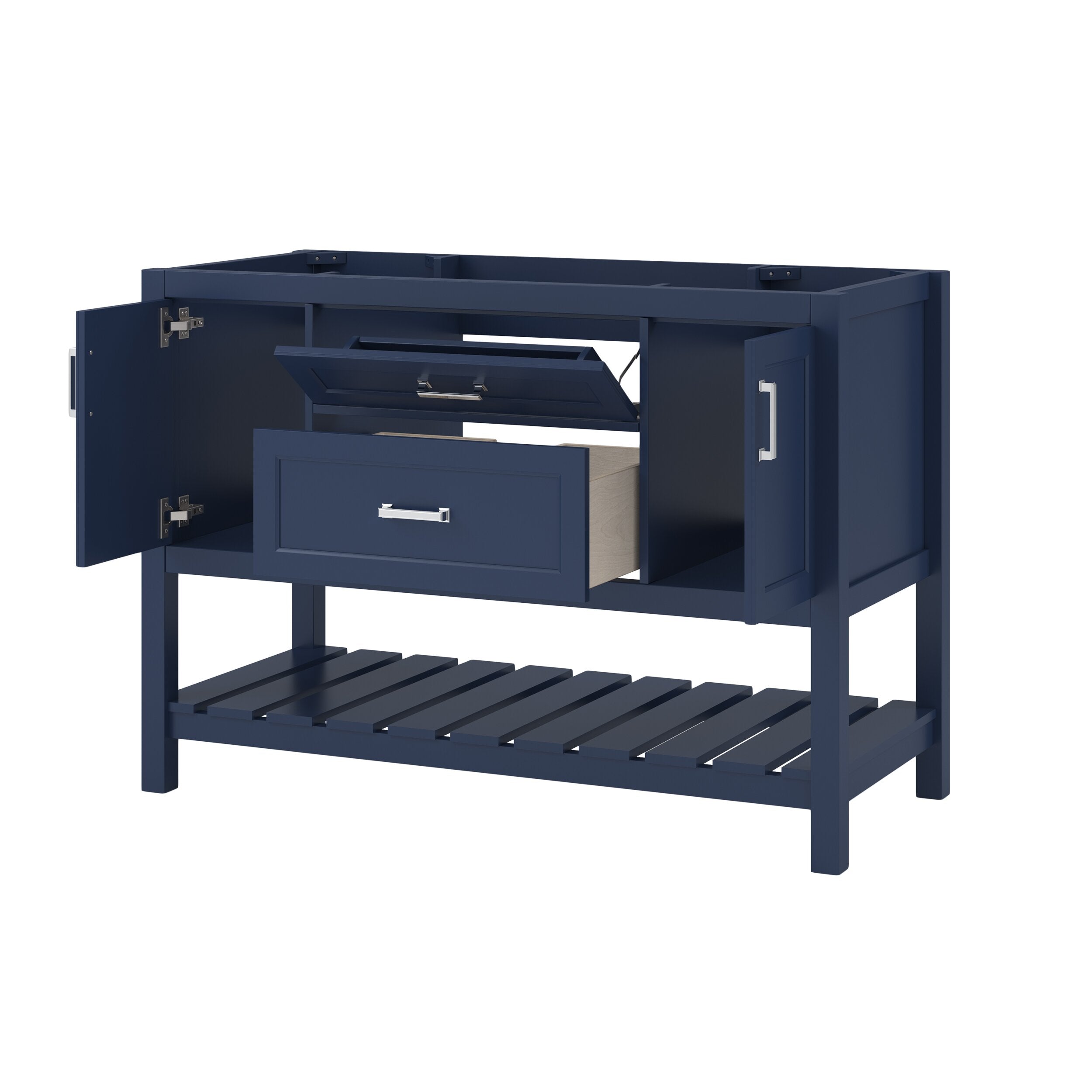 Deep navy blue modern solid wood freestanding vanity base with open side doors and center drawer, chrome bar handles, slatted lower shelf and recessed top opening for countertop and sink.