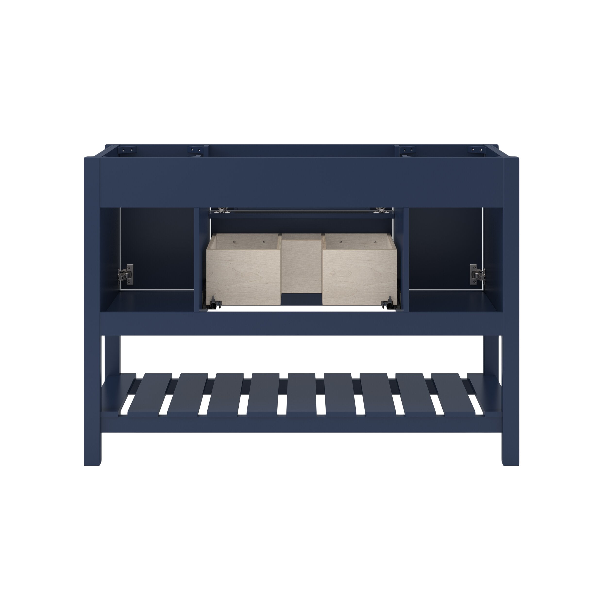 Modern 49-inch solid wood bathroom vanity base in black with an open slatted lower shelf, two side cubbies and a central pull-out drawer assembly, shown without countertop or sink.