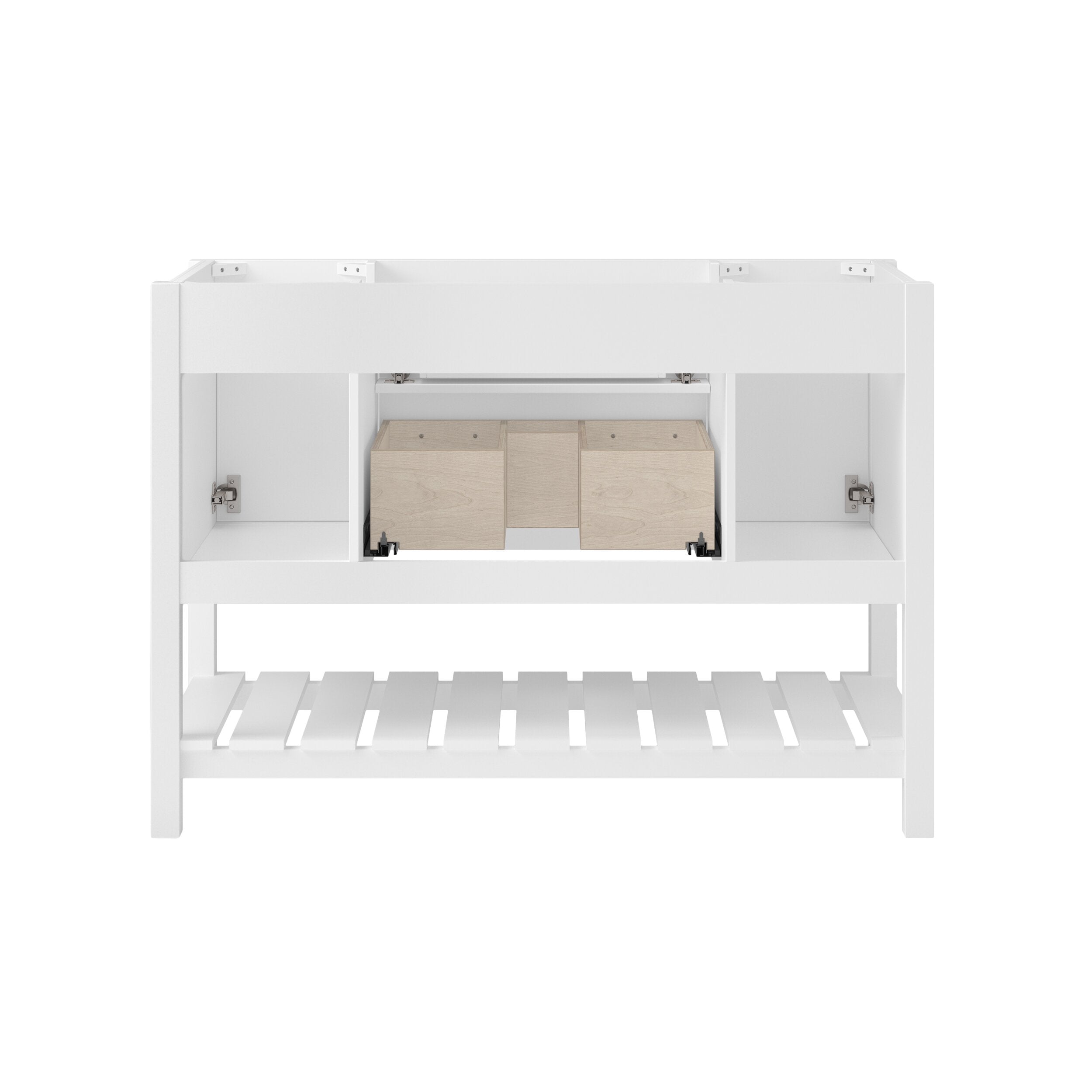 Front view of a modern solid wood bathroom vanity in a white finish showing open side cabinets, a central natural wood drawer unit on metal slides, and a lower slatted shelf for storage.