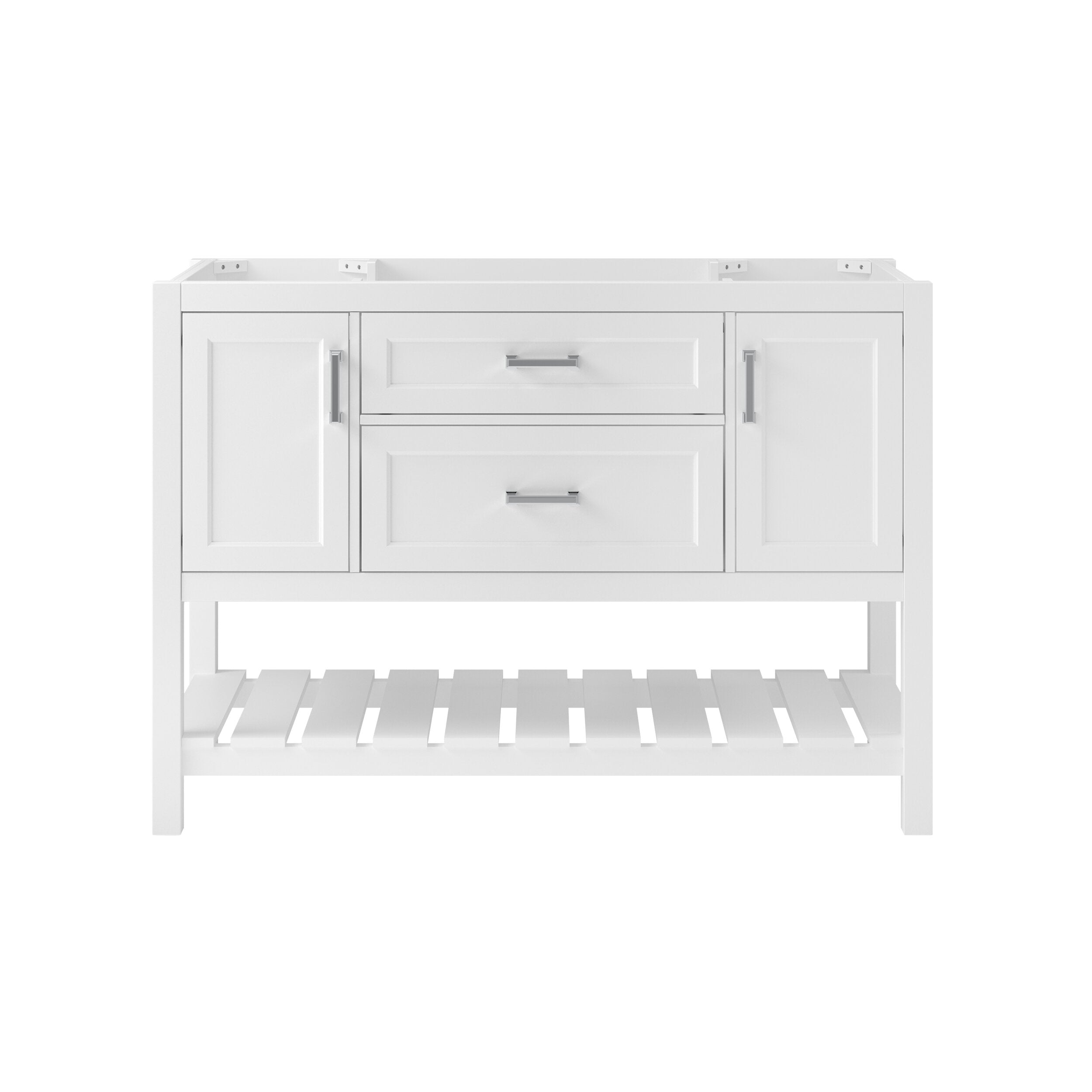 Front view of a modern solid wood freestanding white single-sink bathroom vanity with two center drawers, two side cabinet doors, metal bar handles and a slatted open lower shelf, shown without countertop.