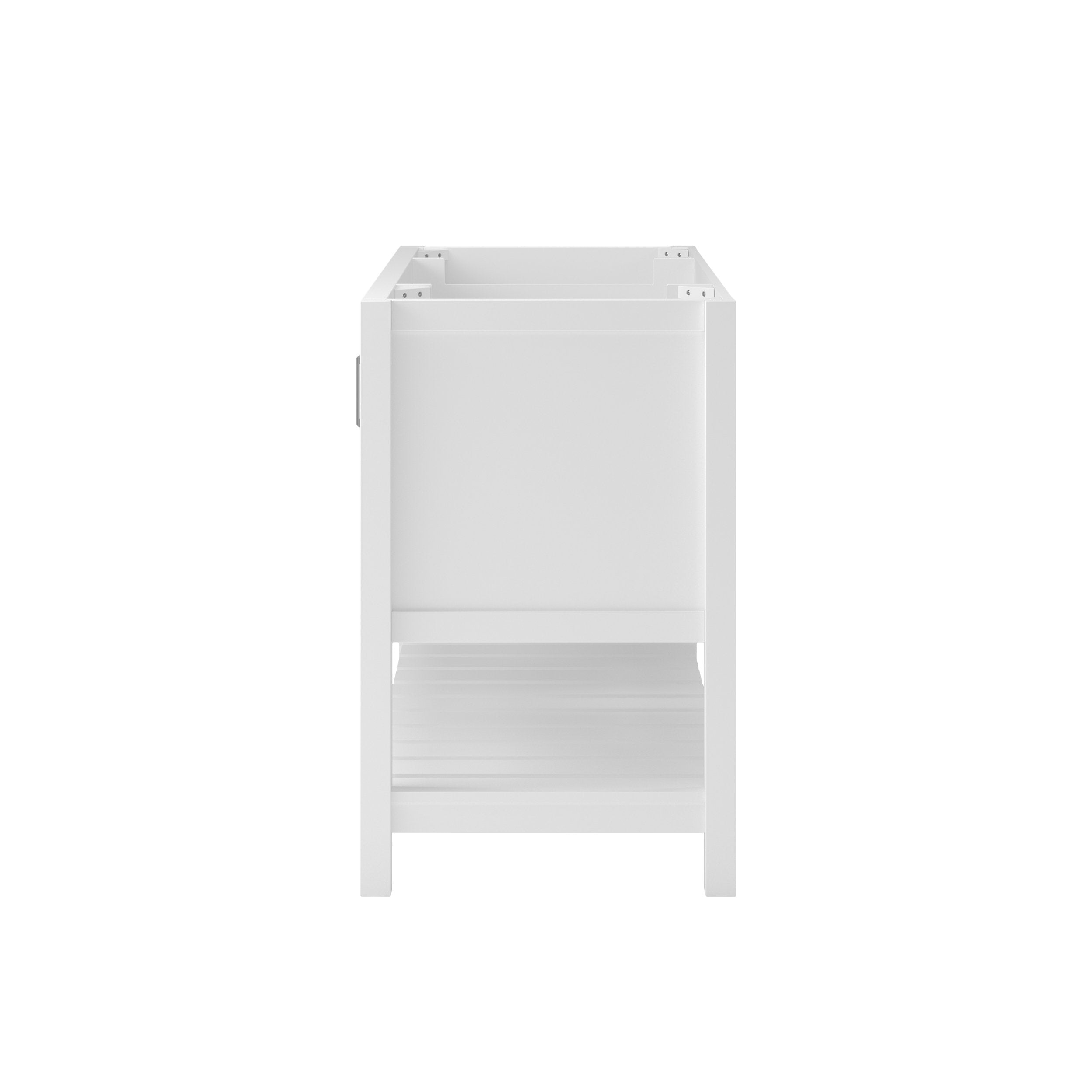 End view of a modern 49-inch solid wood black freestanding bathroom vanity base with an open slatted lower shelf and clean straight legs, shown without countertop or sink on a white background.