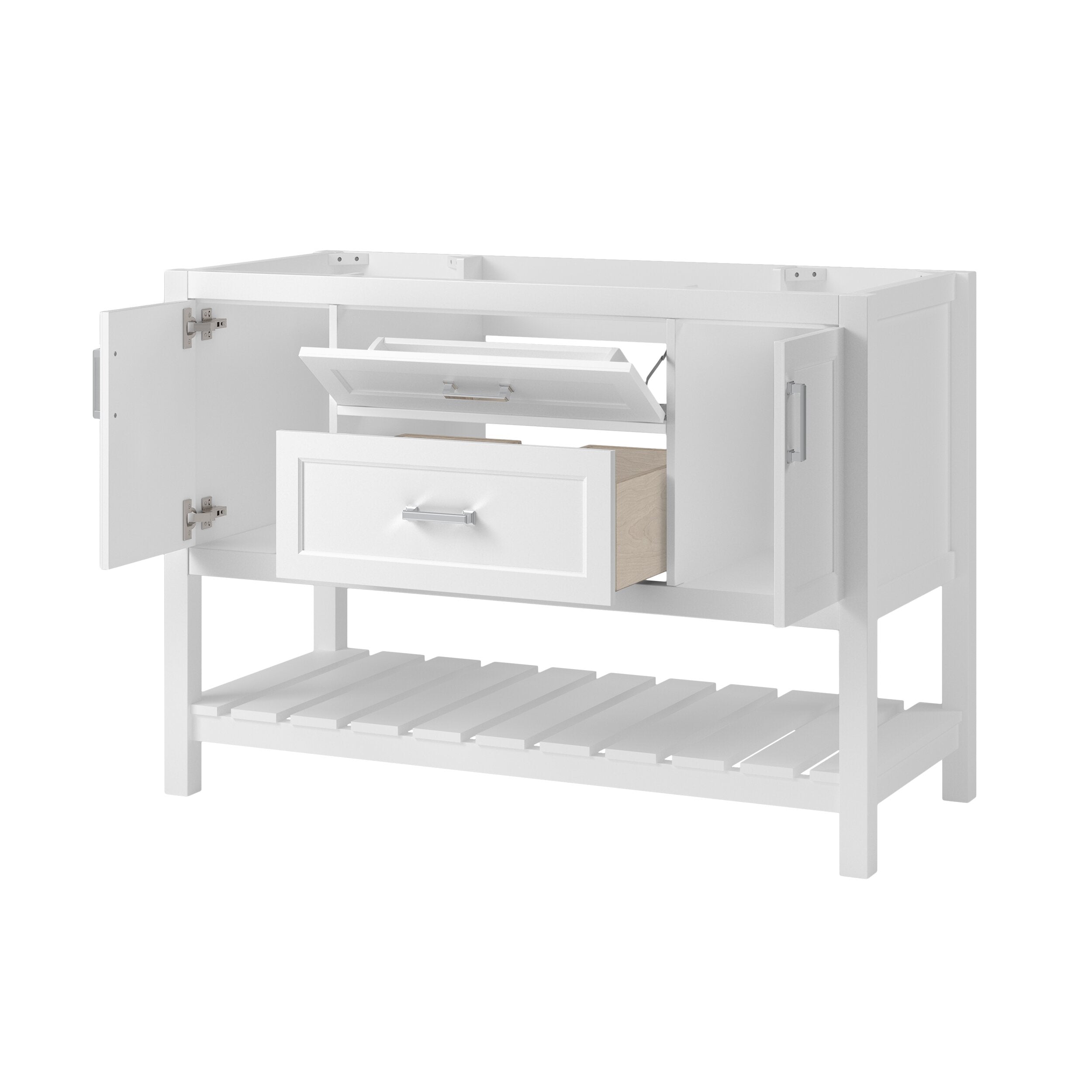 White solid wood 49-inch modern freestanding bathroom vanity shown without countertop, featuring an open center drawer with flip-down front, two side cabinet doors, slatted lower shelf, metal handles and natural wood drawer interior.