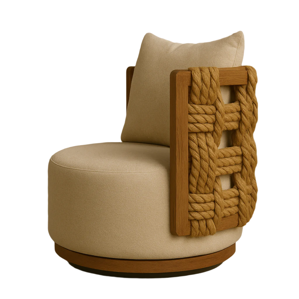 Round beige upholstered outdoor accent chair with a teak wood frame, braided natural rope lattice on the side and a matching beige back cushion.