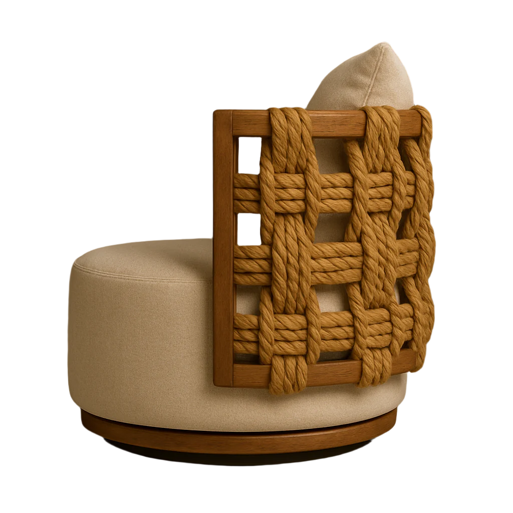 Round beige upholstered outdoor swivel chair with a solid teak frame and chunky woven natural-rope lattice back, matching beige cushion, and low wooden base.