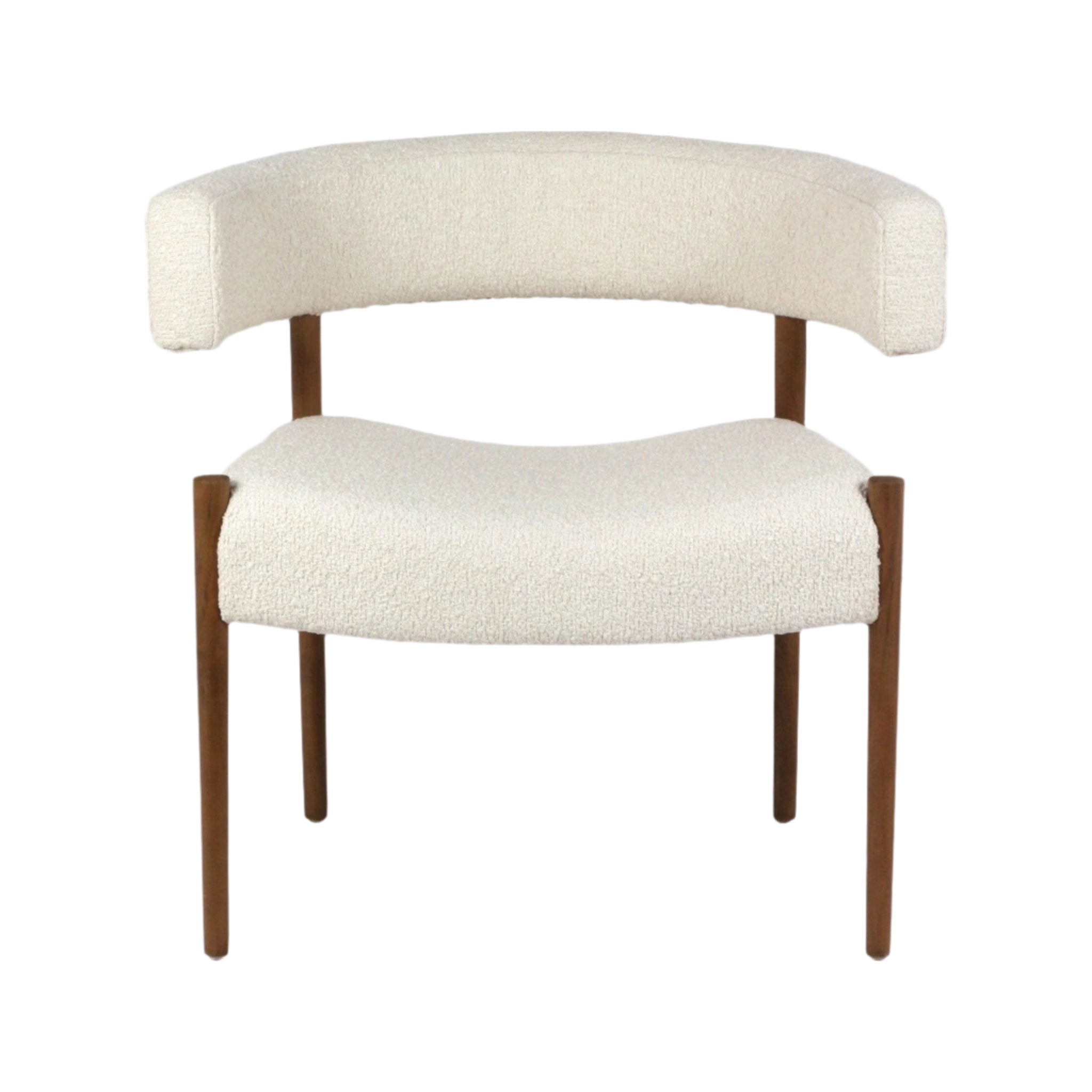 Cream alpaca bouclé upholstered dining chair with a curved open-back ring backrest, cushioned seat and four tapered natural wood legs in a modern mid-century style.