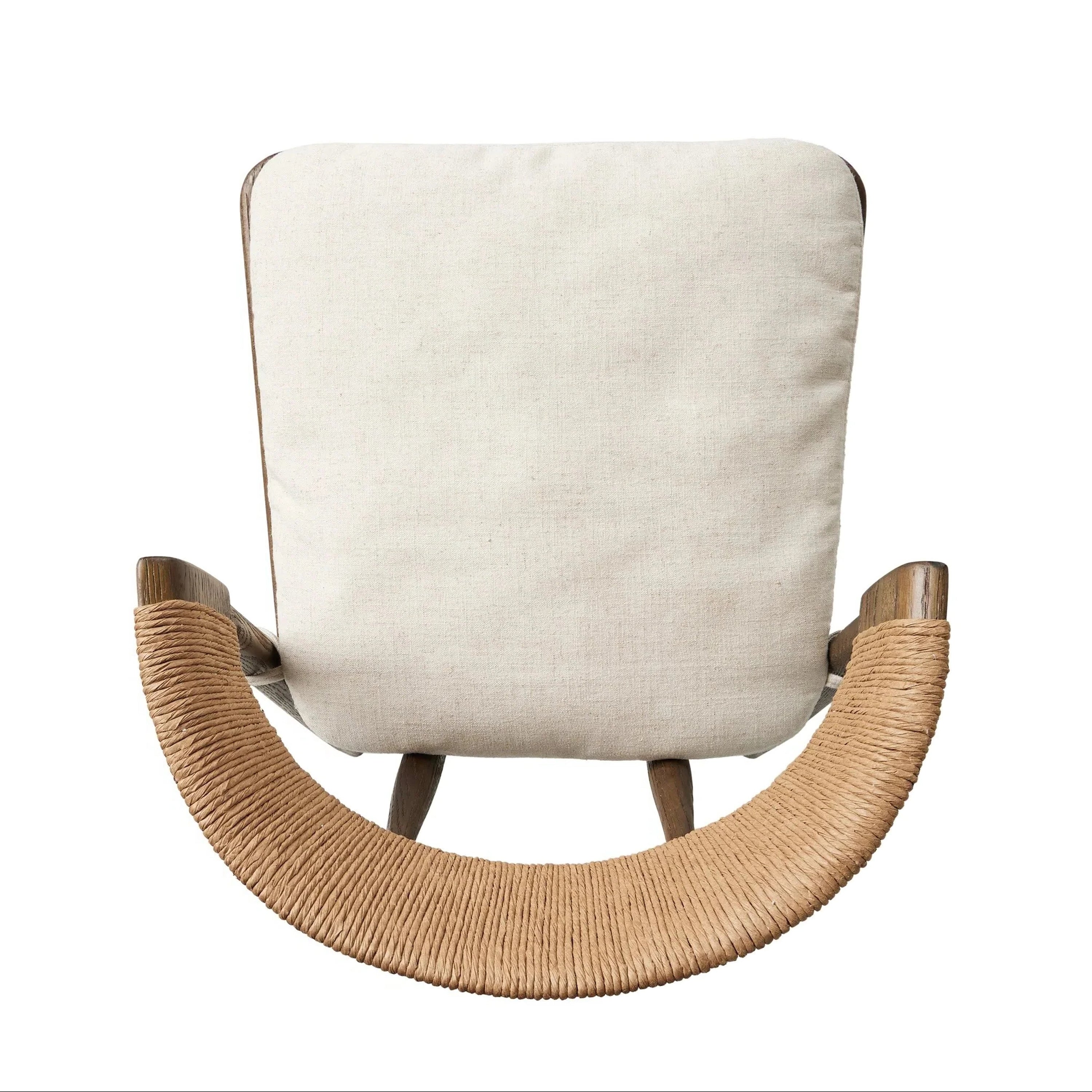 Top-down view of a natural wood counter stool with a cushioned beige fabric seat and a curved rope-wrapped C-shaped backrest.