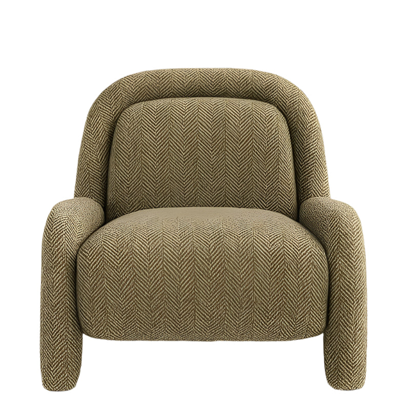 Front view of a modern fabric-upholstered green herringbone accent chair with a curved full back, thick rounded seat cushion and wrapped armrests, shown on a white background.