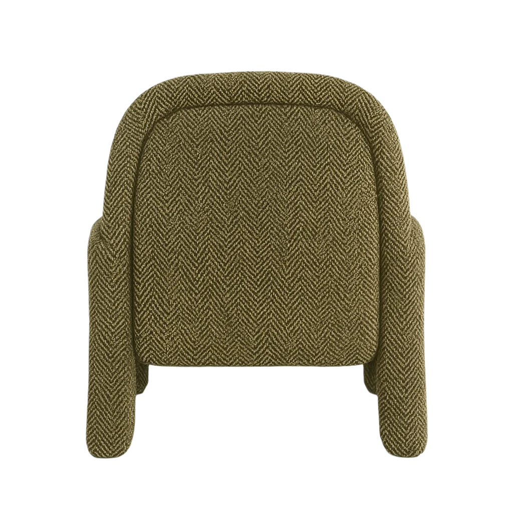 Front view of a modern olive-green herringbone fabric accent chair with a rounded cushioned back and curved upholstered arms.