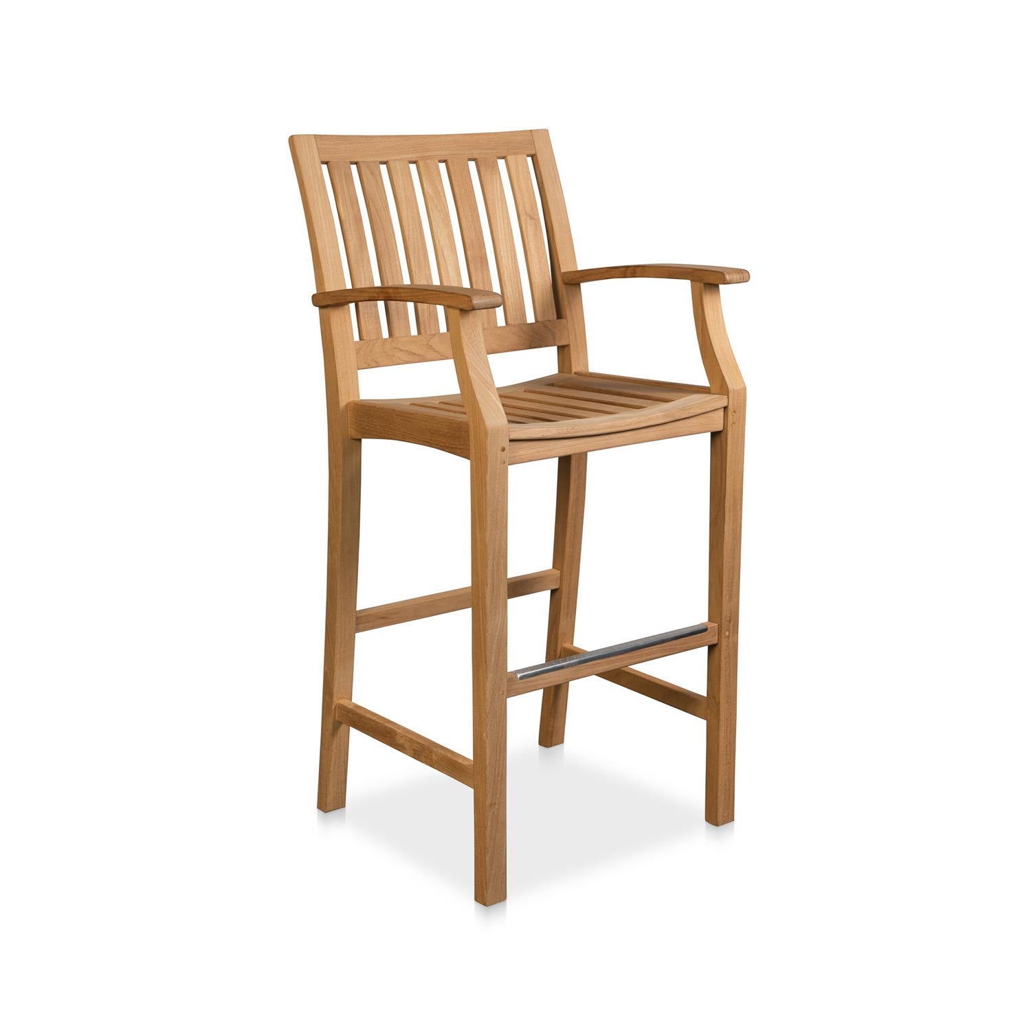 Natural teak outdoor bar stool in a coastal style with a slatted curved back, slatted seat, arched armrests and a metal-topped footrest, shown against a white background.