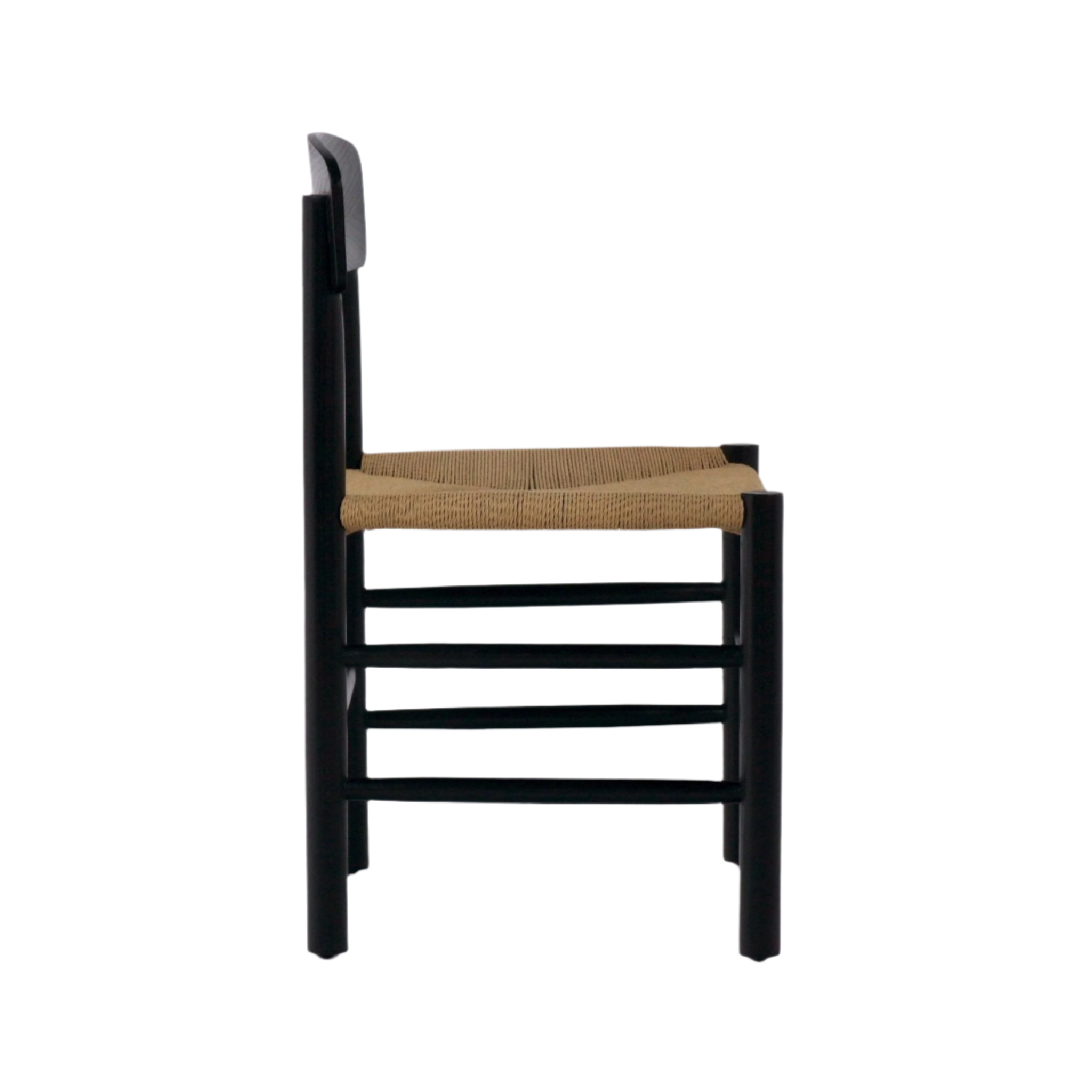 Side profile of a Danish dining chair with a black solid wood frame, natural woven papercord seat and ladder-style stretchers, shown on a white background.