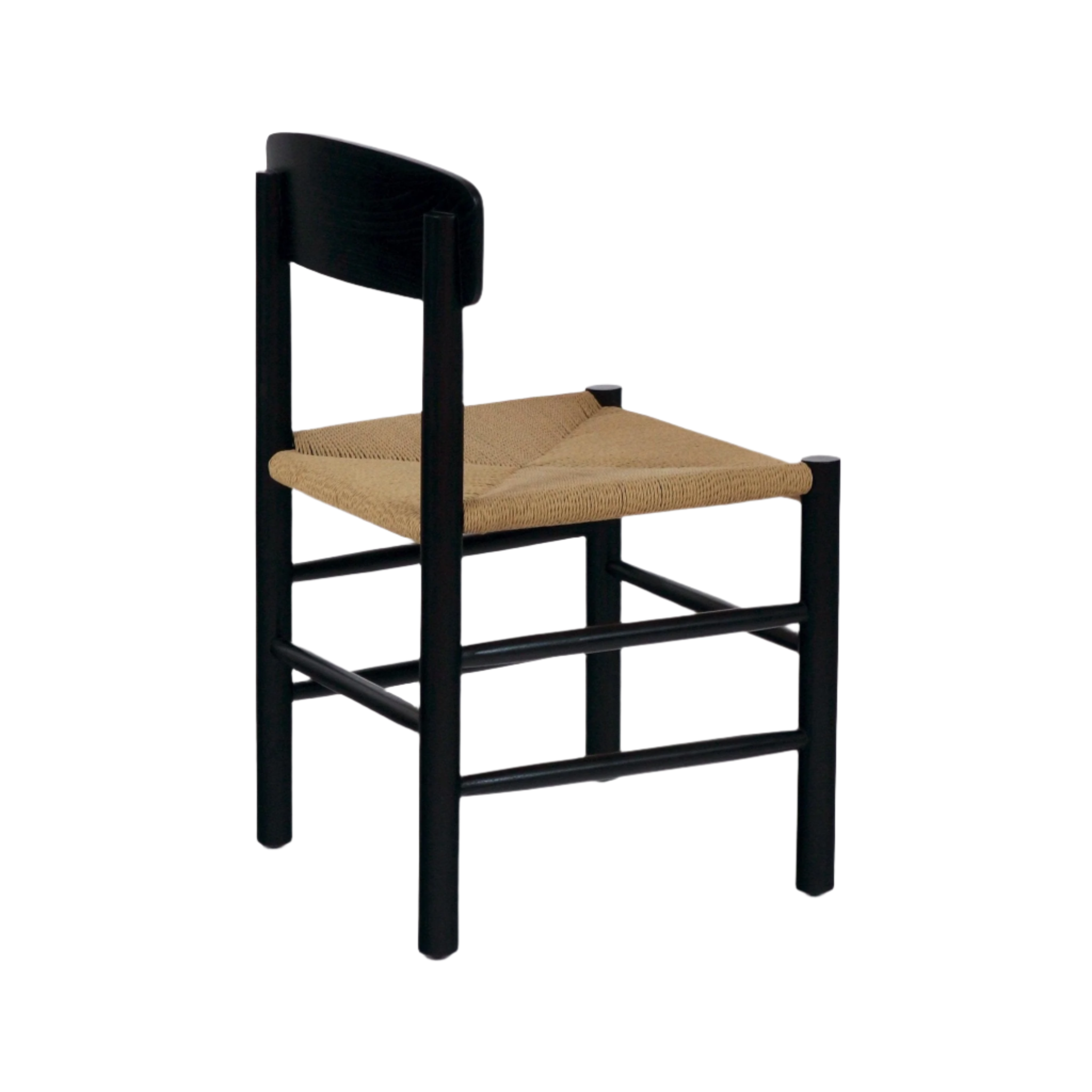 Three-quarter view of a Danish-style dining chair with a glossy black mahogany solid wood frame and curved backrest, featuring a woven natural tan papercord seat and rounded legs with horizontal stretchers.