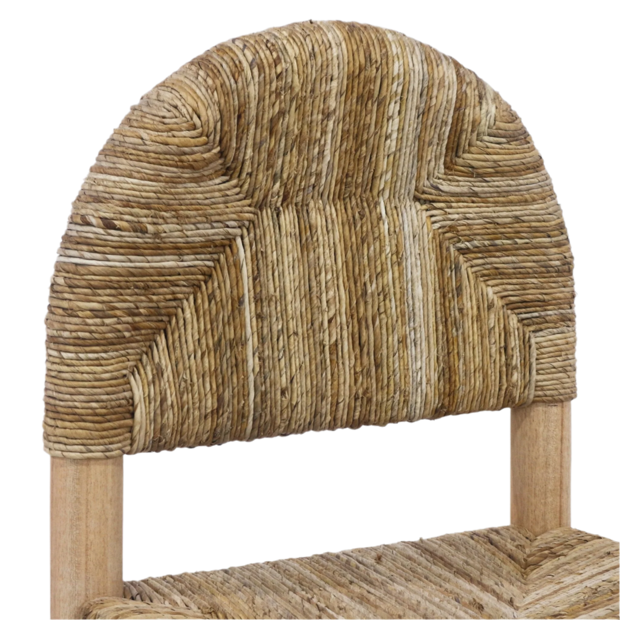 Close-up of a natural beige seagrass-woven dining chair back with an arched top, showing textured woven fibers and the light teak frame and visible seat edge.