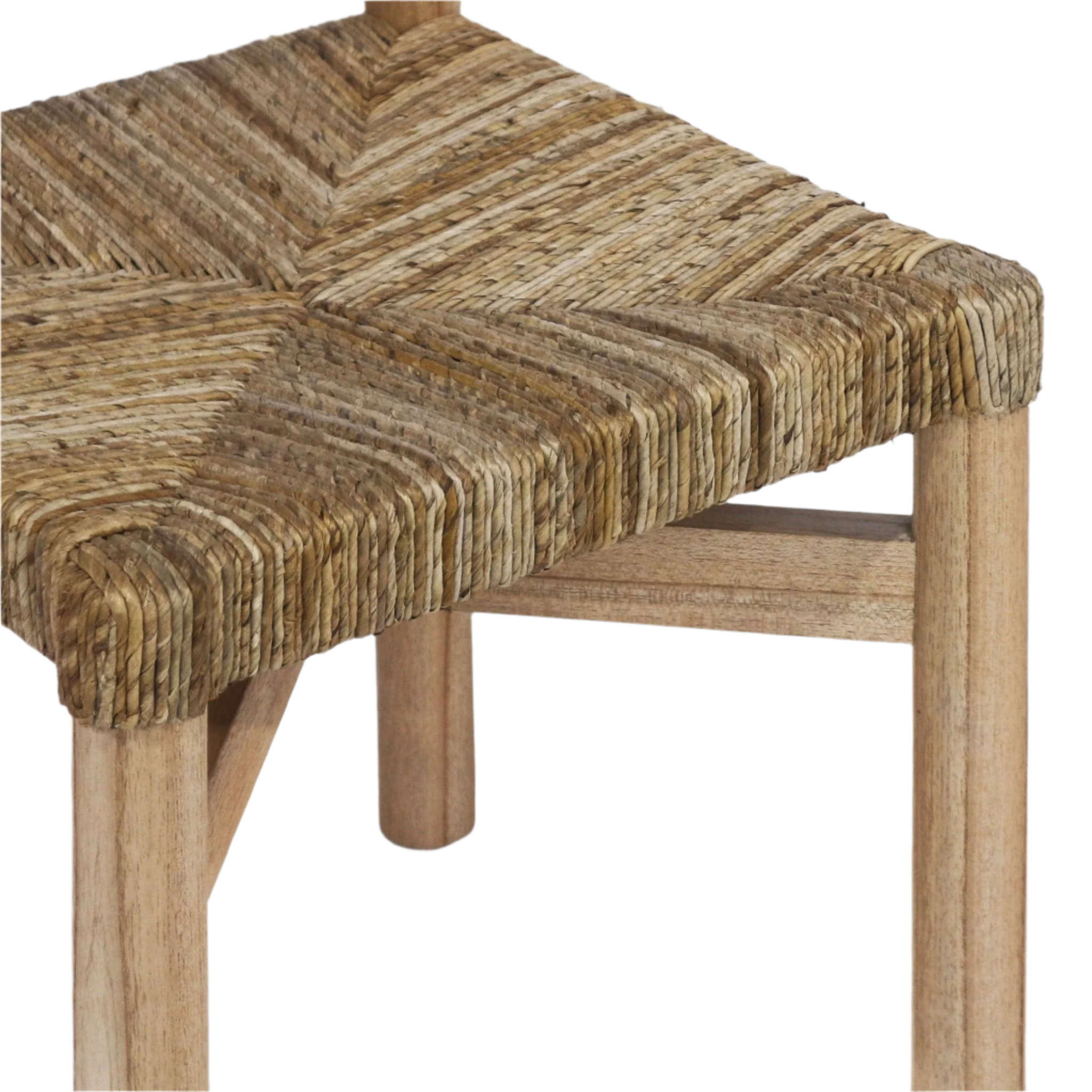 Close-up of a woven seagrass dining chair seat in natural tan tones wrapped around a solid teak frame with round teak legs and a corner stretcher, showing the textured chevron weave and wood grain.