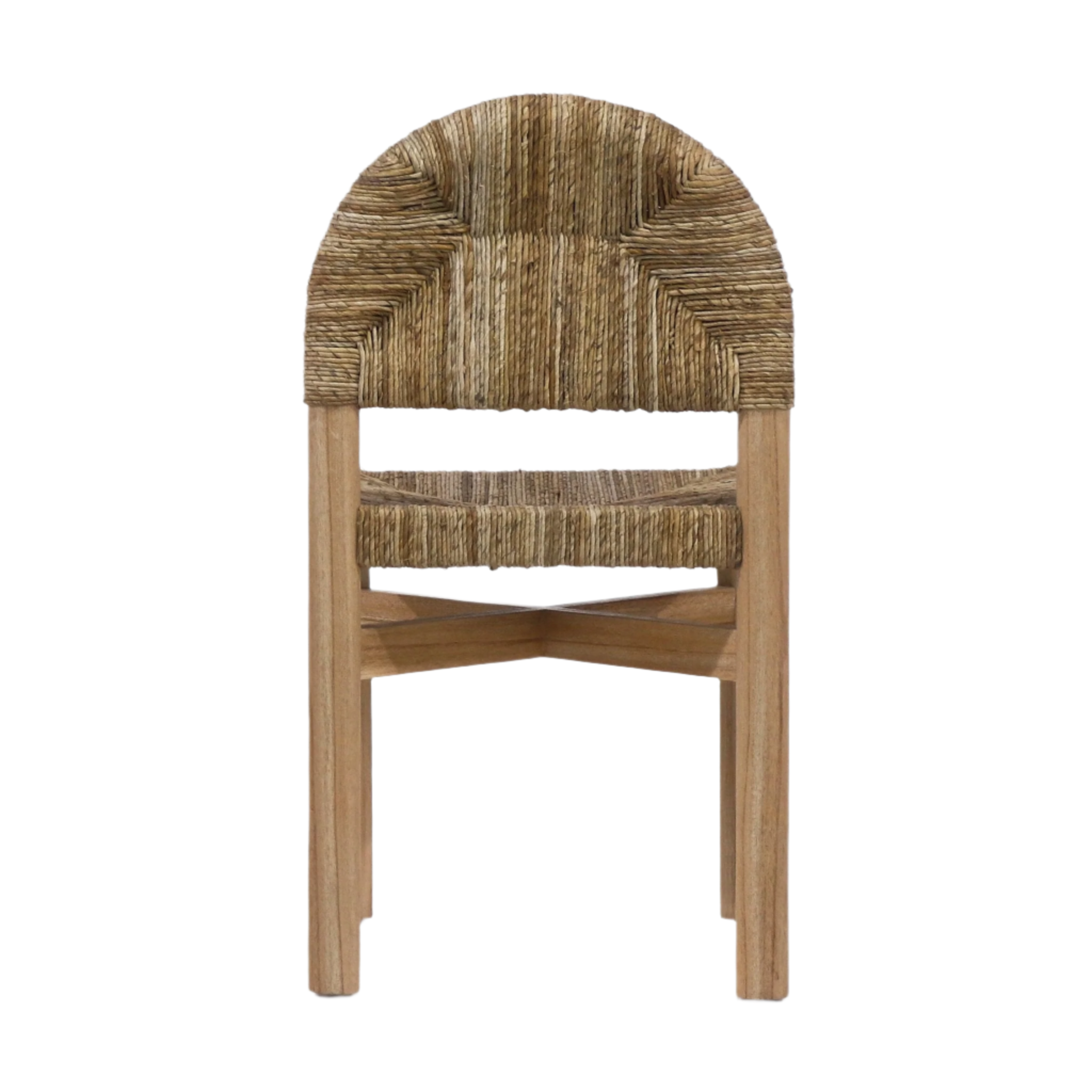 Front view of a coastal dining chair with a solid teak frame, woven natural seagrass seat and arched woven back, featuring crossed stretcher supports and a light teak finish on a white background.