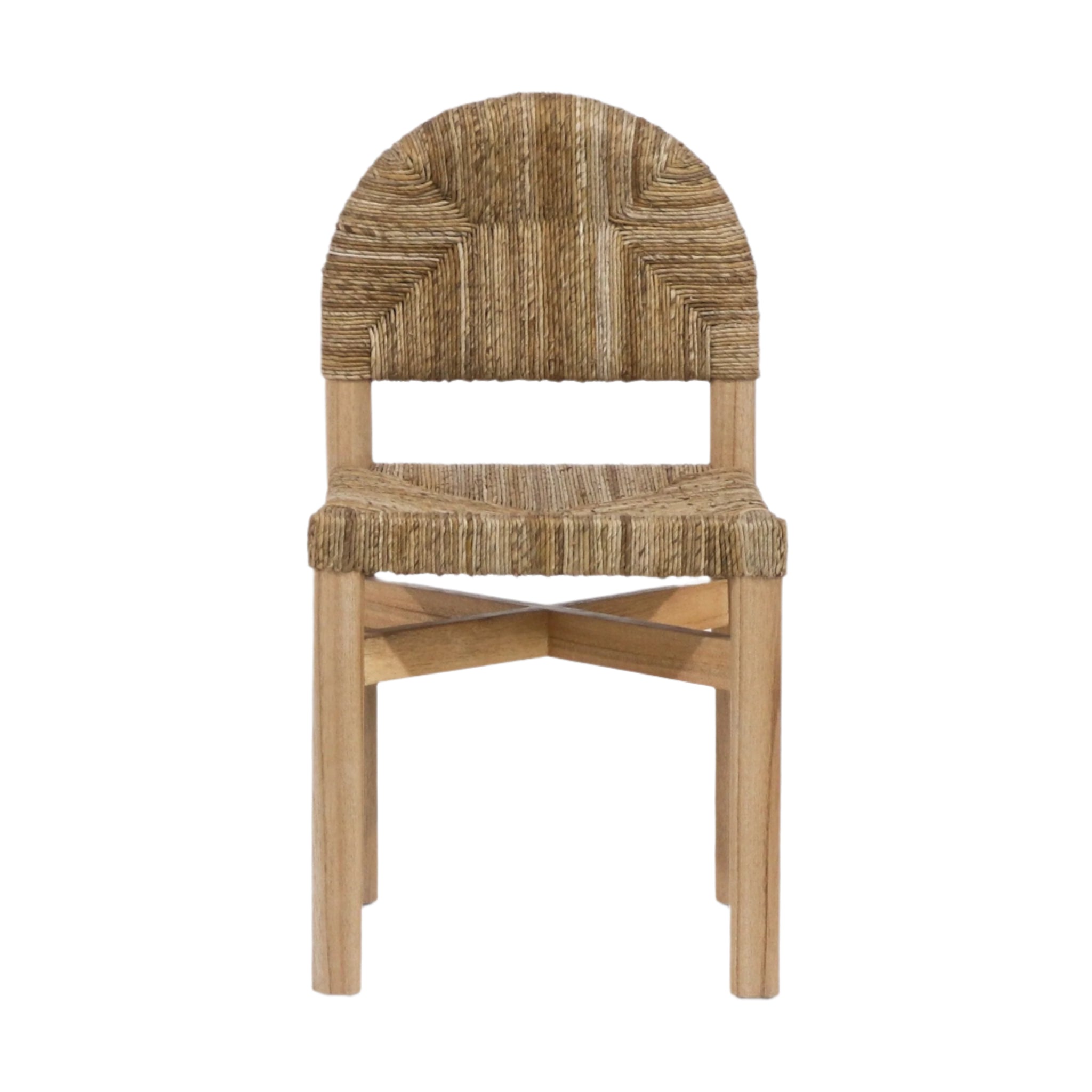 Front view of an armless dining chair with a natural teak frame and hand-woven seagrass seat and arched back, featuring an X-shaped stretcher and neutral coastal rustic finish.