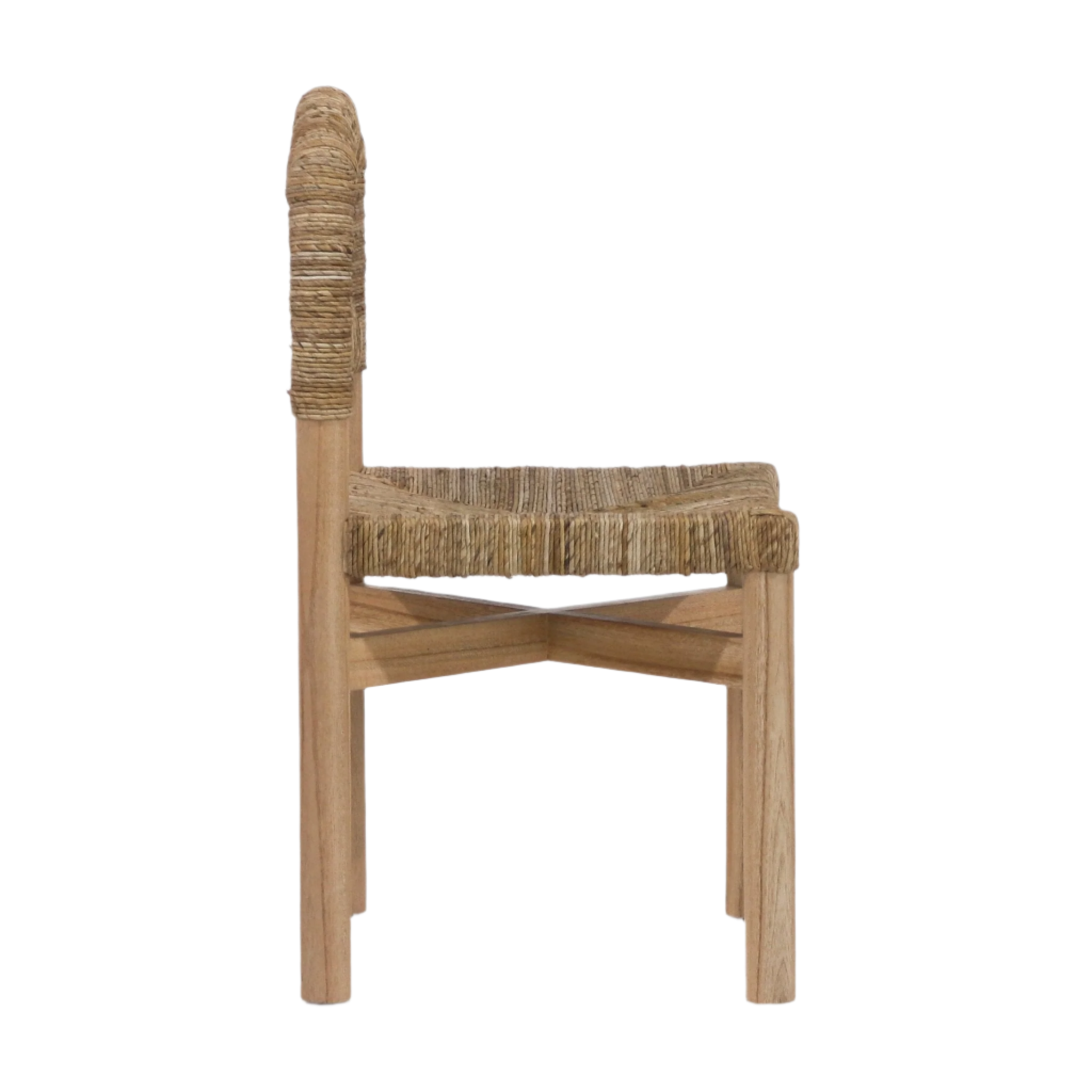 Side profile of an armless dining chair with a natural teak frame and woven seagrass seat and wrapped backrest, showing straight legs and crossed stretchers in a coastal rustic style.