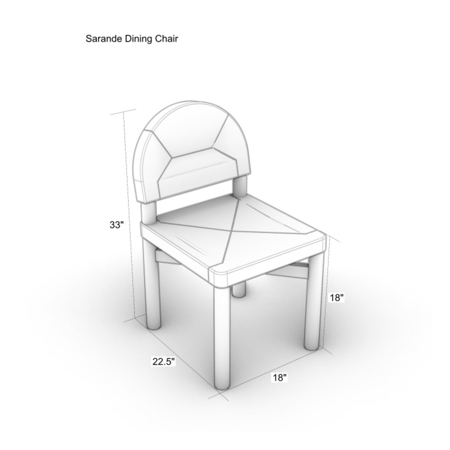 Technical line drawing of an armless teak and seagrass dining chair with dimension callouts showing overall height 33", seat height 18", depth 22.5" and seat width 18".