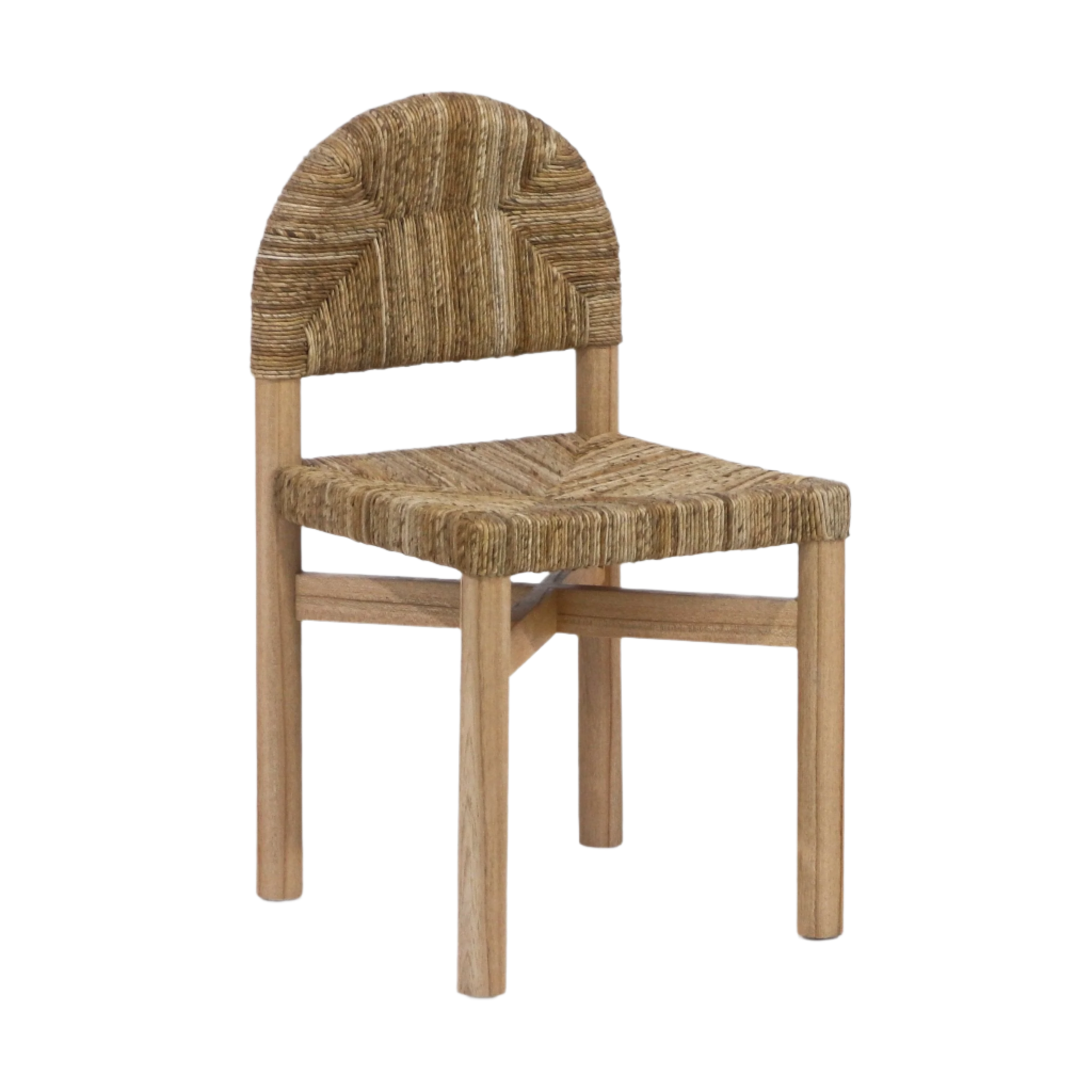 Armless dining chair with a solid teak frame and woven seagrass seat and rounded back, featuring a chevron-style weave in natural beige tones for a coastal rustic look.