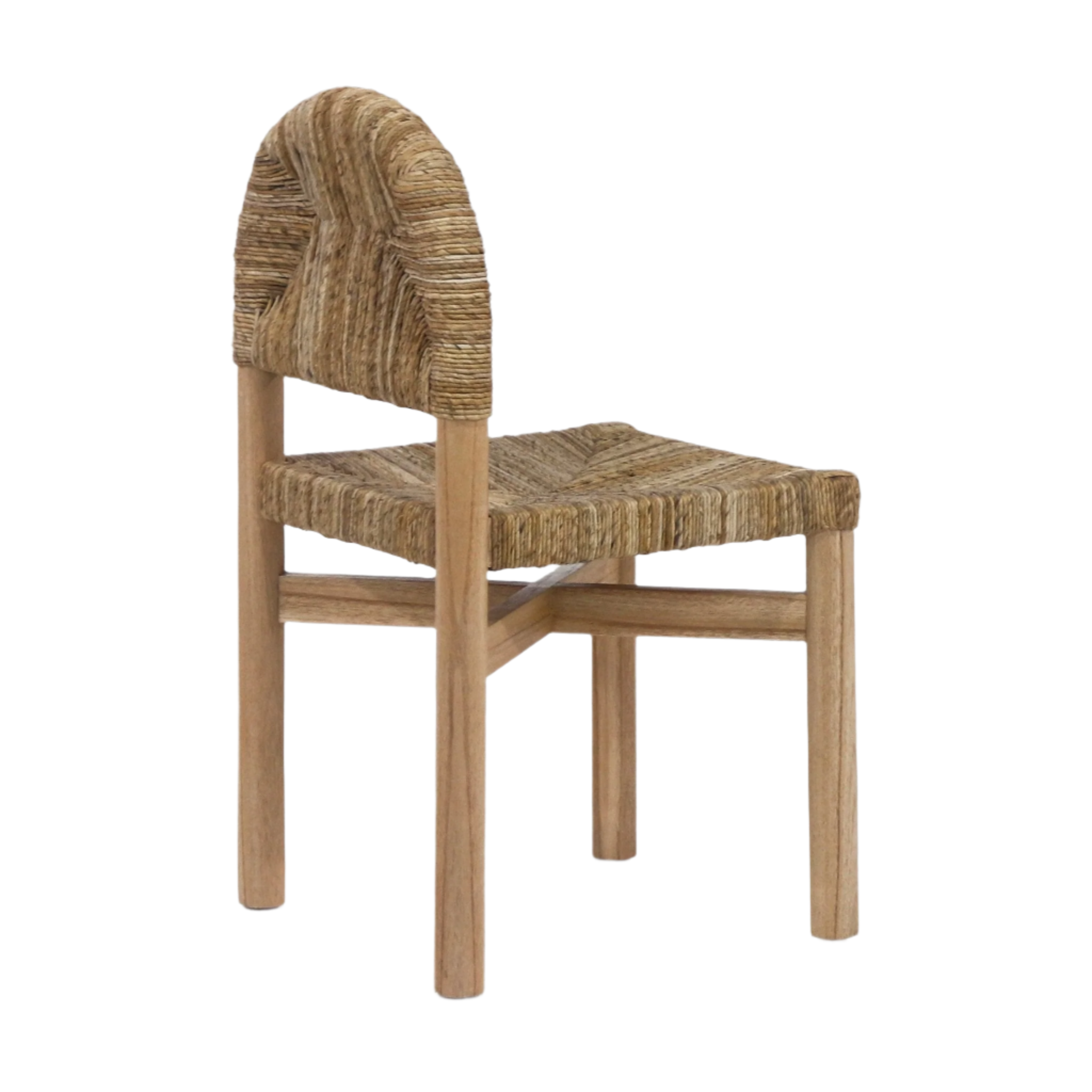 Armless coastal dining chair with a solid teak frame and hand-woven seagrass seat and rounded woven back in a natural teak finish, shown against a white background.