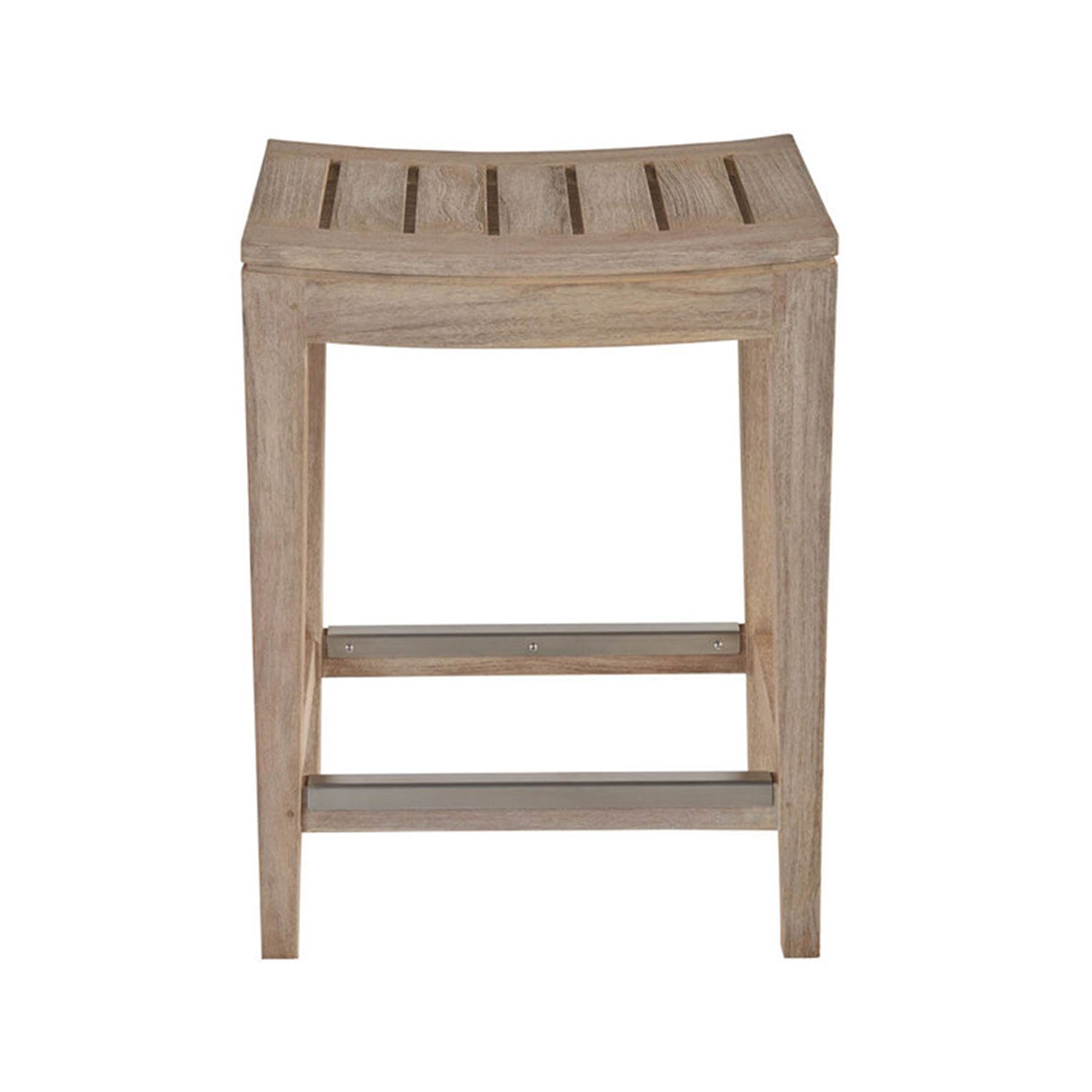 Backless coastal bar stool in natural teak solid wood with a curved slatted seat, tapered legs and metal footrest bars, shown front-on for outdoor or counter seating.