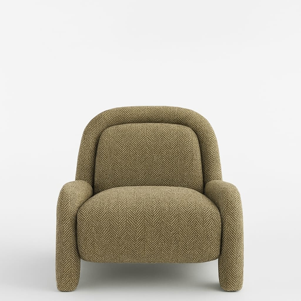 Front view of a modern olive-green accent chair upholstered in chevron-pattern wool, with a curved full back, rounded arms and short padded legs.