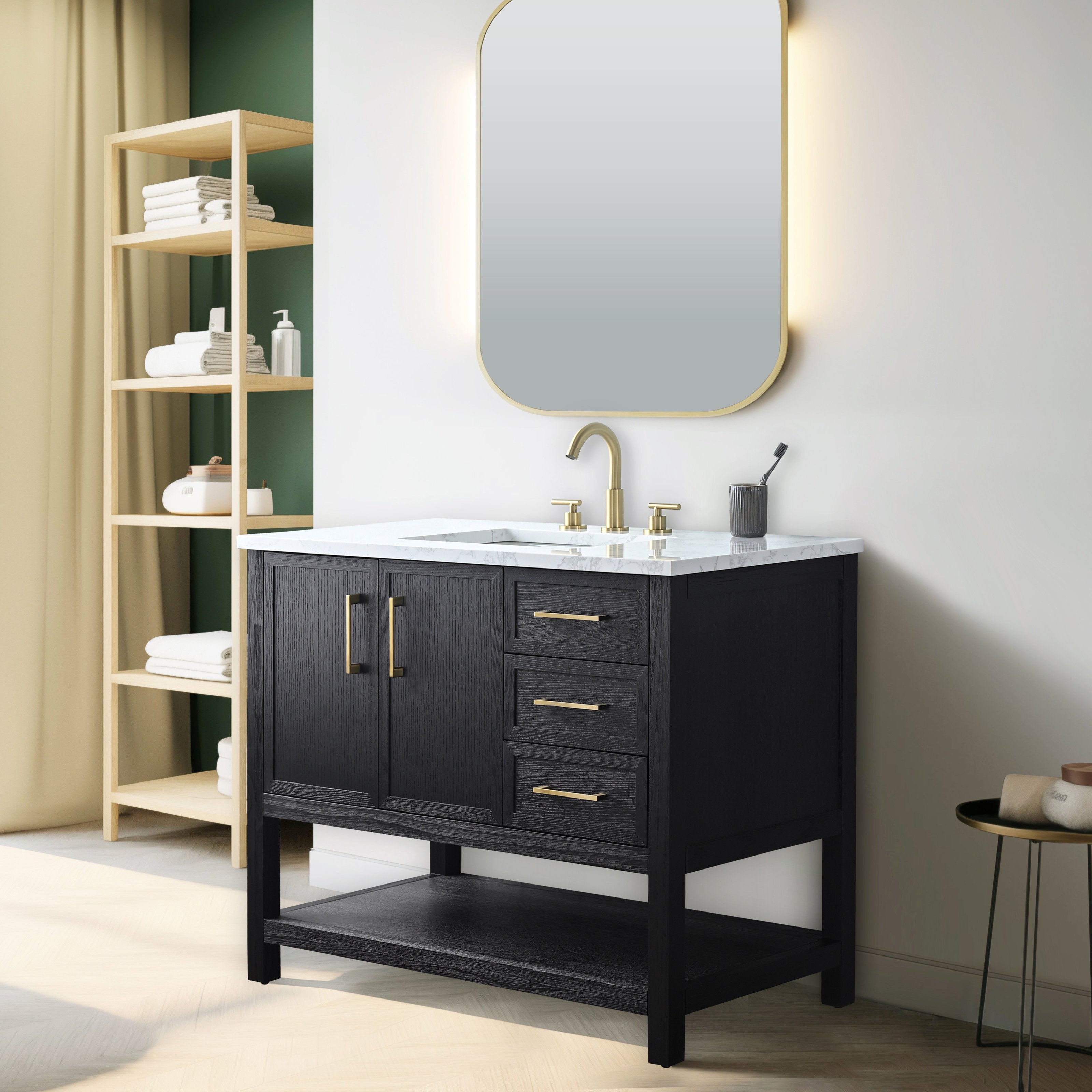 42-inch freestanding black solid-wood bathroom vanity with white marble countertop and undermount sink, brass faucet and handles, three right-side drawers, double-door cabinet and open lower shelf.
