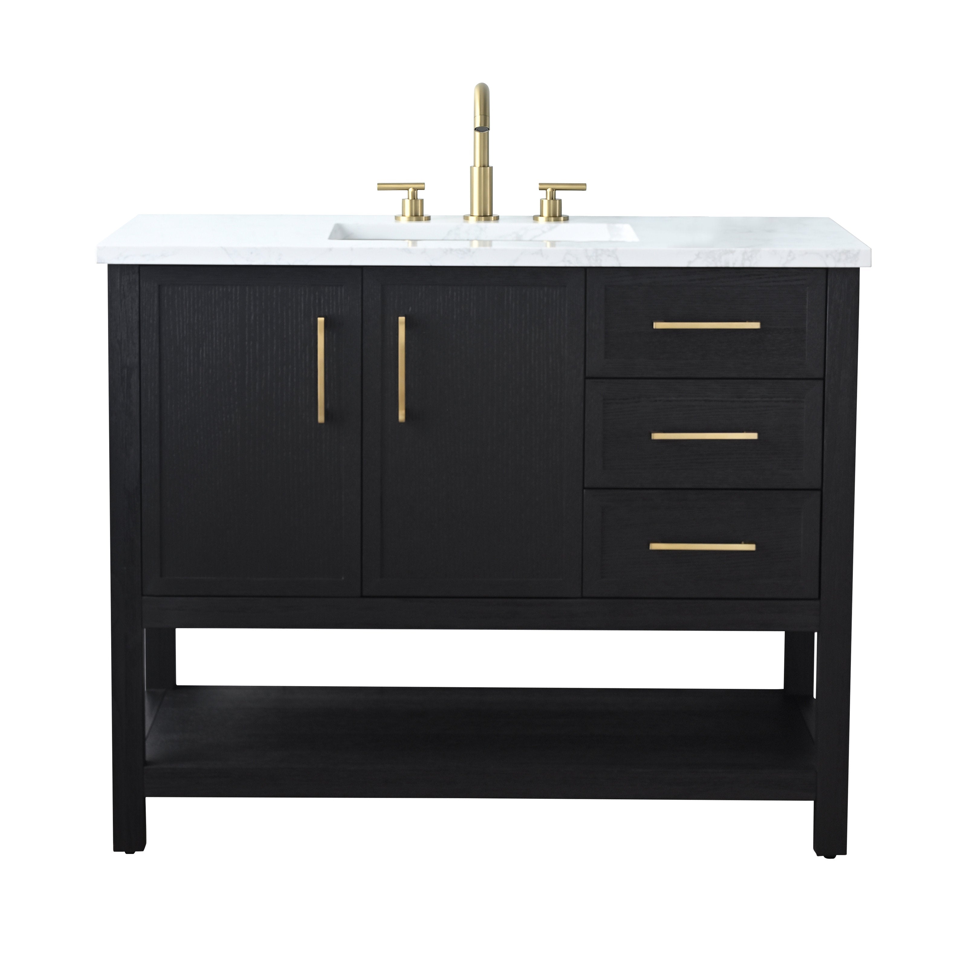 42-inch modern single-sink bathroom vanity in black solid wood with a white marble stone top, undermount ceramic sink, brass faucet and hardware, two cabinet doors, three right-side drawers and an open bottom shelf.