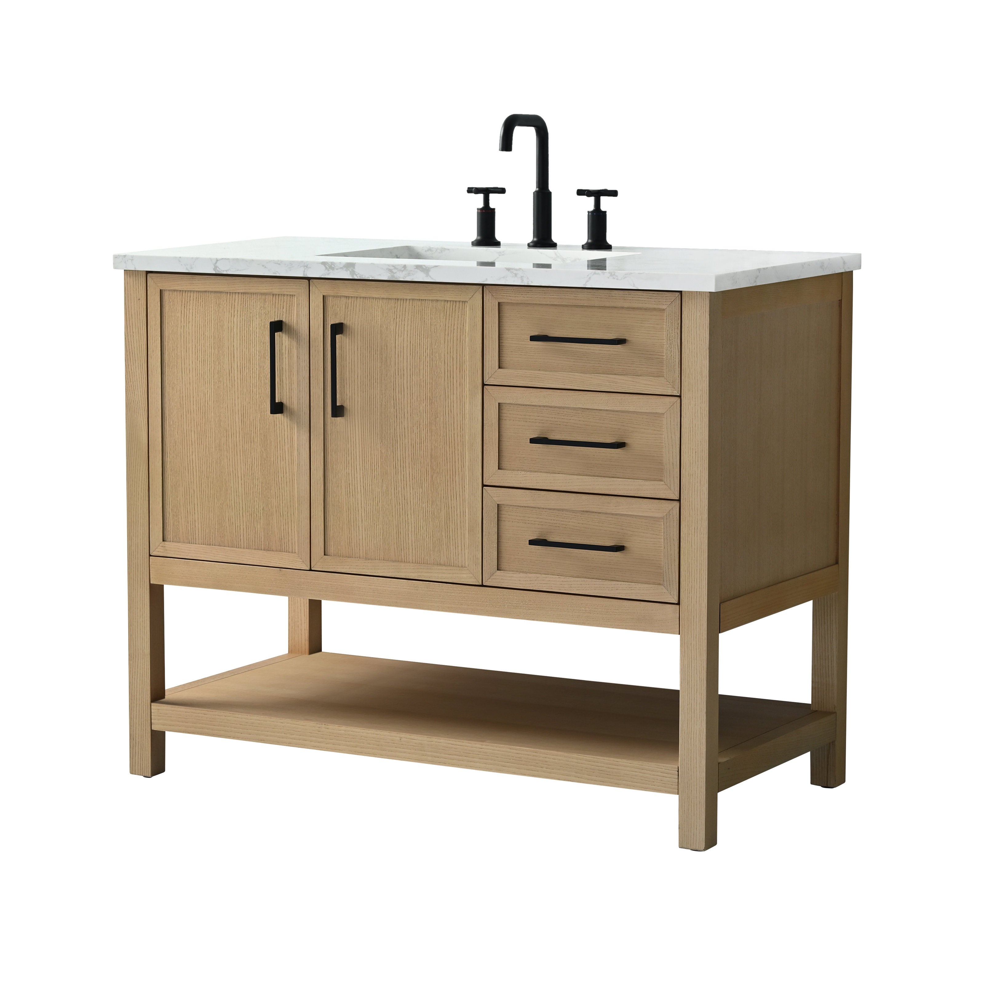42-inch solid wood single-sink bathroom vanity in light brown with a white stone marble-look top, black matte faucet and pulls, two-door cabinet, three stacked drawers and an open lower shelf in modern style.