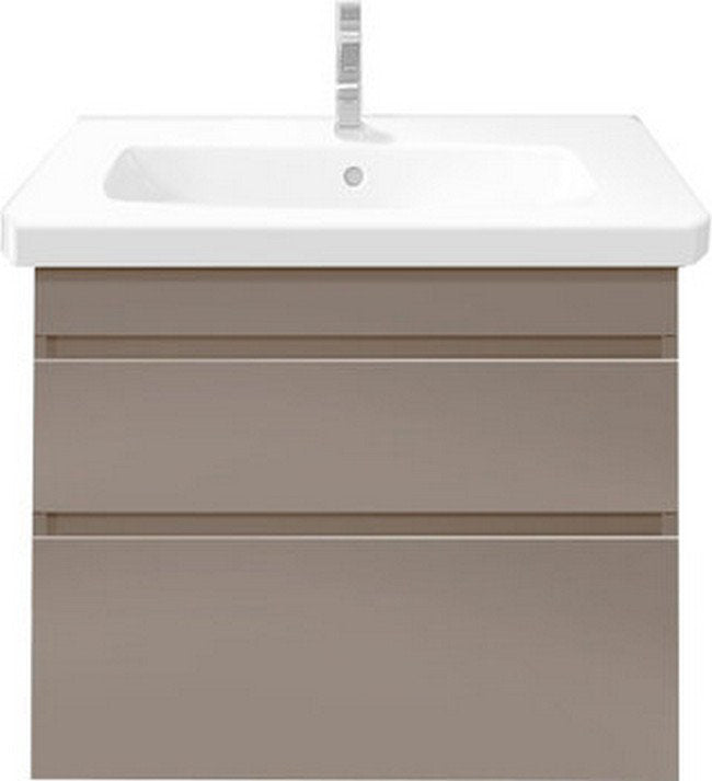 Front view of a modern wall-mounted bathroom vanity in stone-colored solid wood with a white integrated ceramic sink and single center faucet hole, featuring two drawers with slim horizontal grooves.