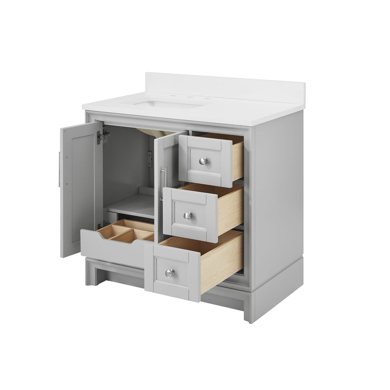 Stone-colored solid wood 36-inch single-sink bathroom vanity with white stone countertop and integrated rectangular sink and backsplash; left cabinet open and three right drawers pulled out showing natural wood interiors and round metal knobs.