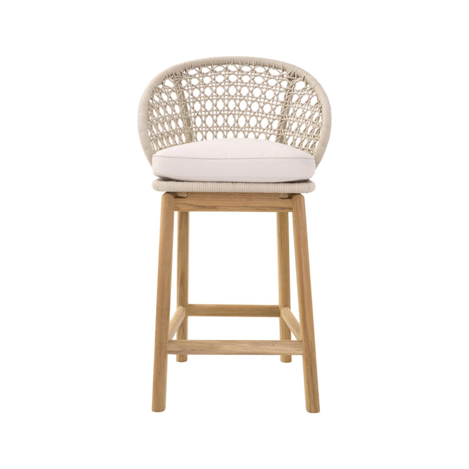 Front-facing armless outdoor bar stool with a natural teak wood frame, woven rope backrest and a light neutral fabric seat cushion, shown against a white background.