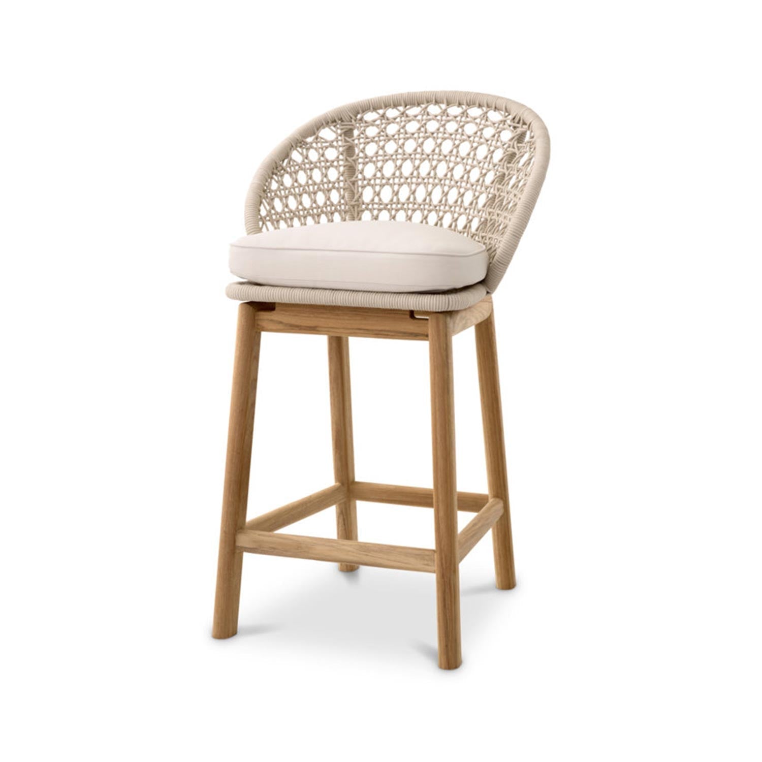 Armless outdoor bar stool with a natural teak frame, looped woven rope back and a neutral upholstered seat cushion on a white background.