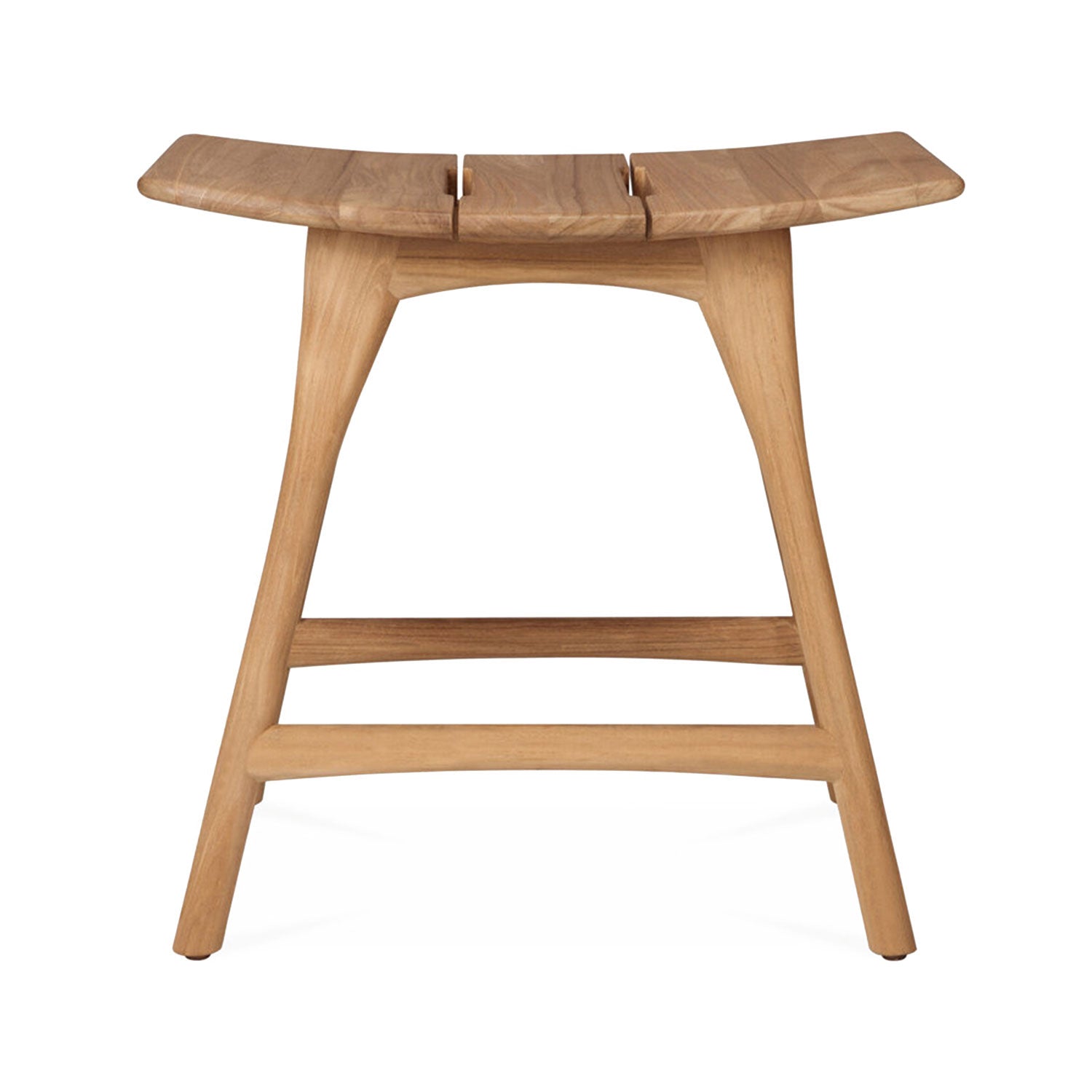 Backless shower stool in natural teak with a gently curved three-slat seat, tapered legs and two horizontal stretchers, shown on a white background.