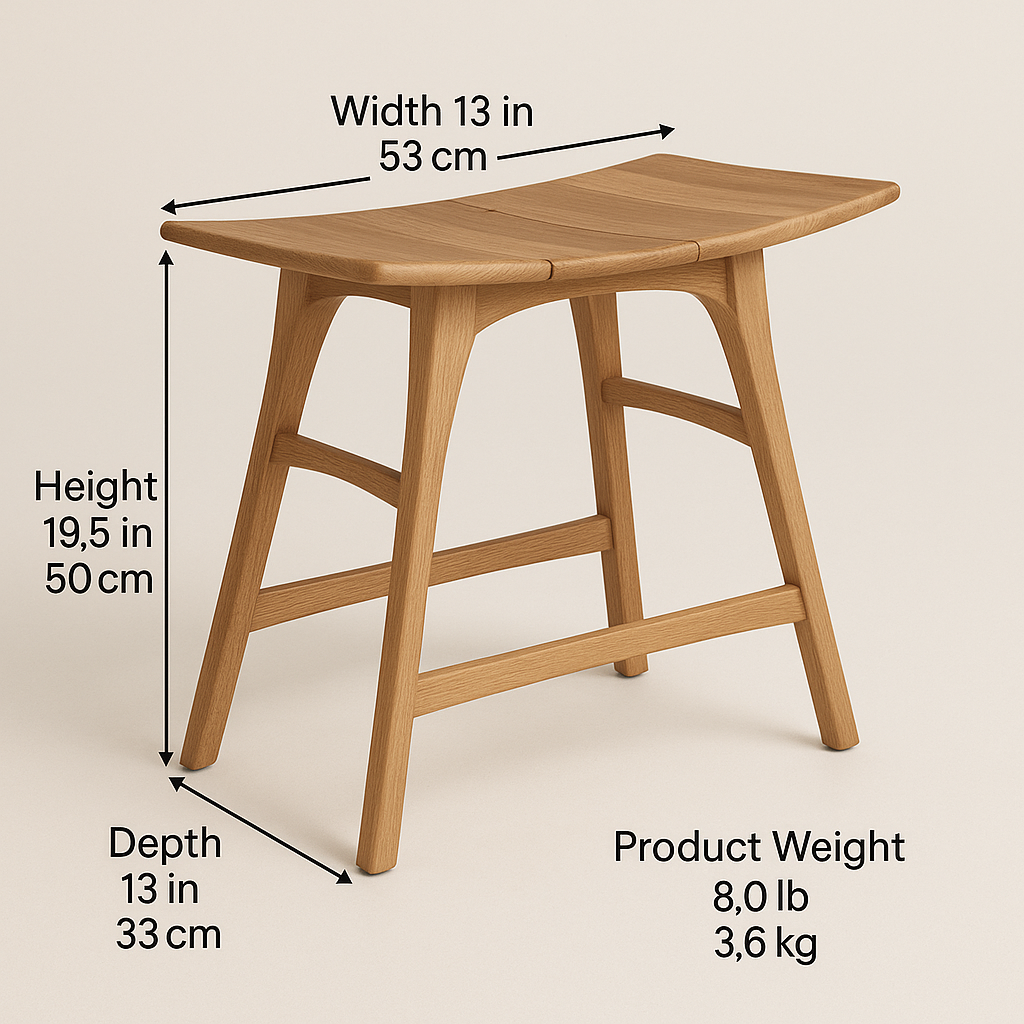 Natural teak backless shower stool with a gently curved saddle seat, angled legs and stretcher supports in a light wood finish, shown on a neutral background with arrows and callouts for width, depth, height and product weight.
