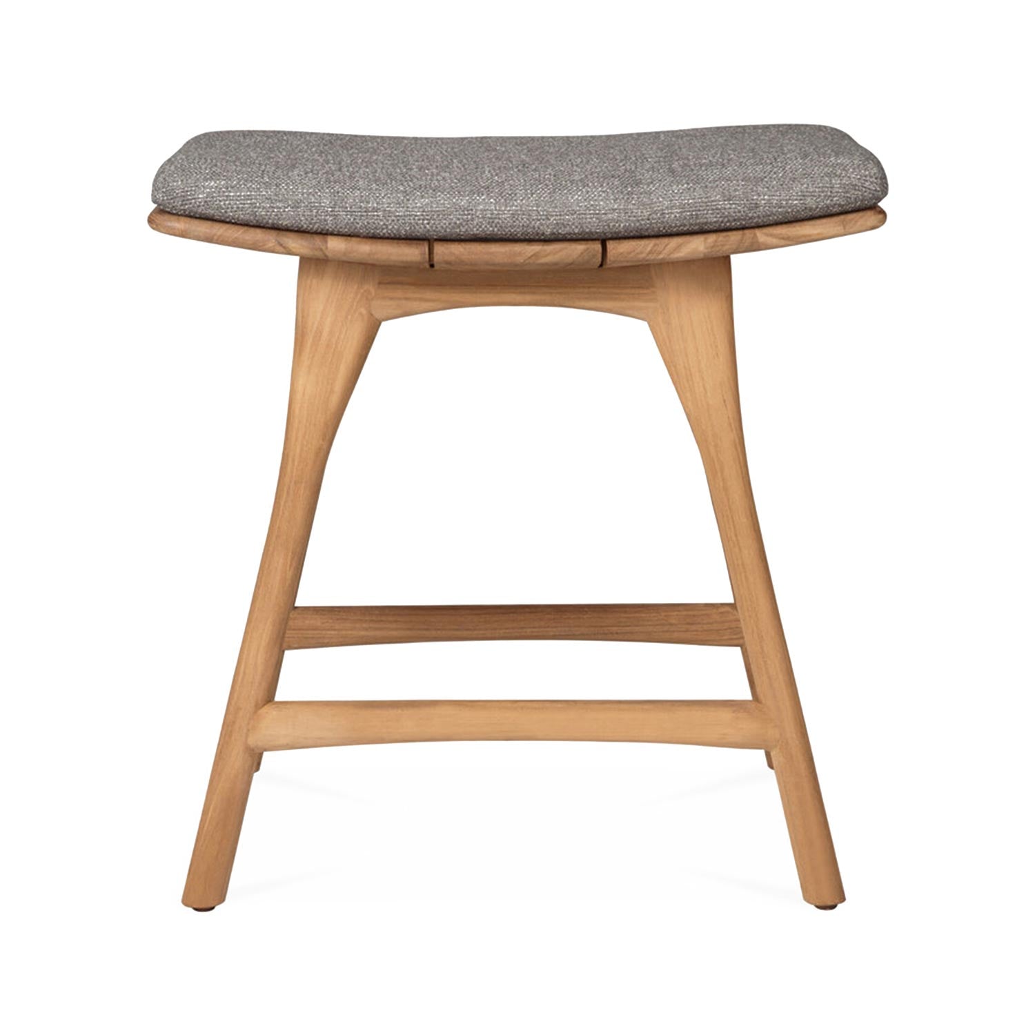 Front view of a coastal backless shower stool in natural teak with tapered legs, two horizontal stretchers and a neutral gray upholstered seat cushion.