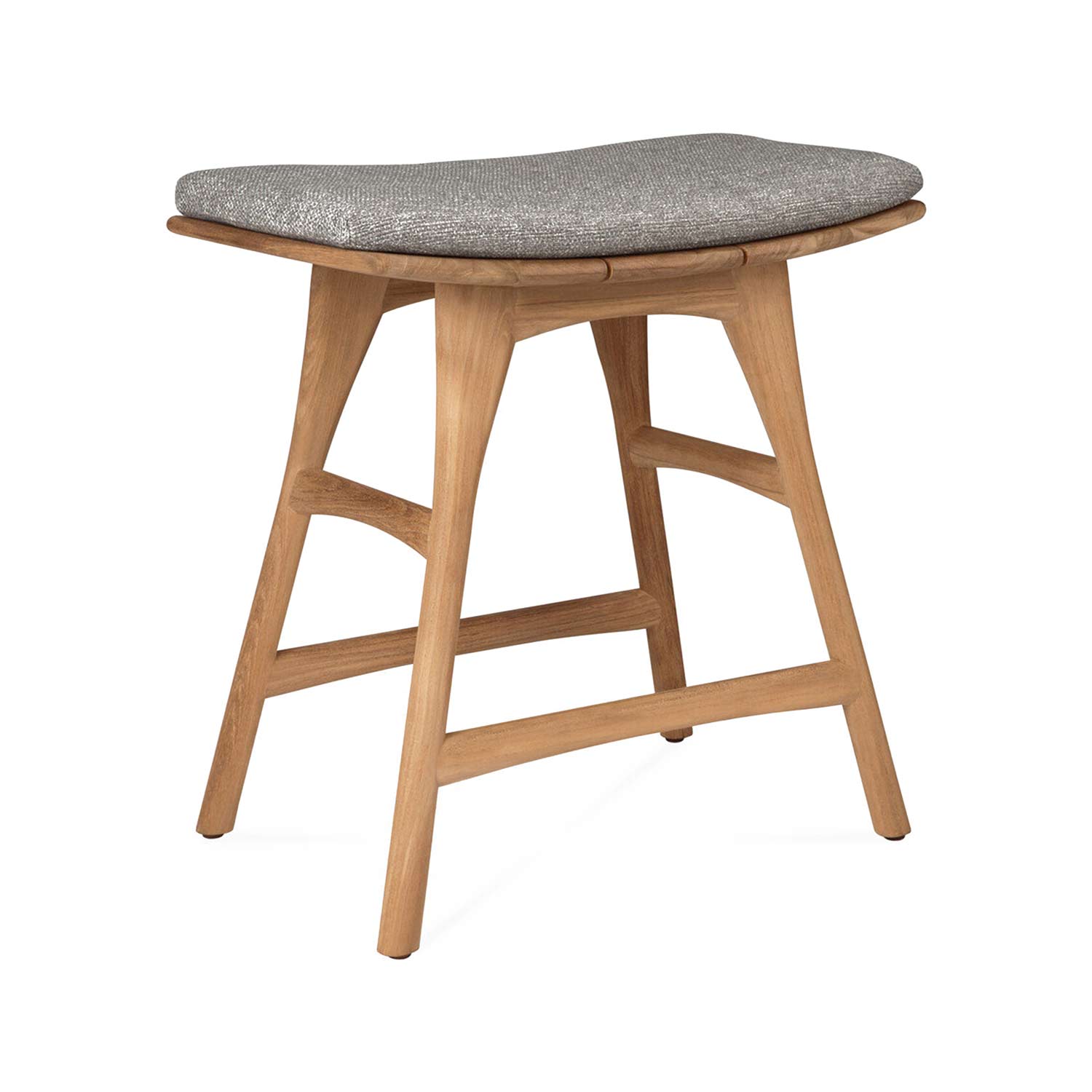 Backless shower stool with a natural teak frame and tapered legs, topped with a contoured gray upholstered seat cushion and reinforced by crossbar supports in a coastal mid-century style.