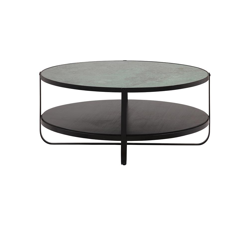 Round two-tier modern coffee table with a green marble top, thin black metal frame and dark mahogany wood lower shelf on a white background.