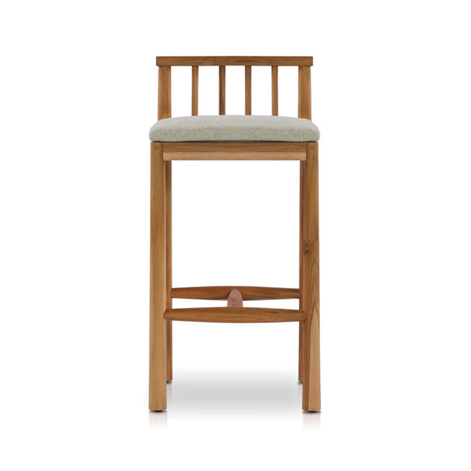Front view of an armless outdoor bar stool in warm teak with a neutral light-gray upholstered seat, vertical slatted low back and wooden crossbar footrest in a minimalist coastal-modern style.