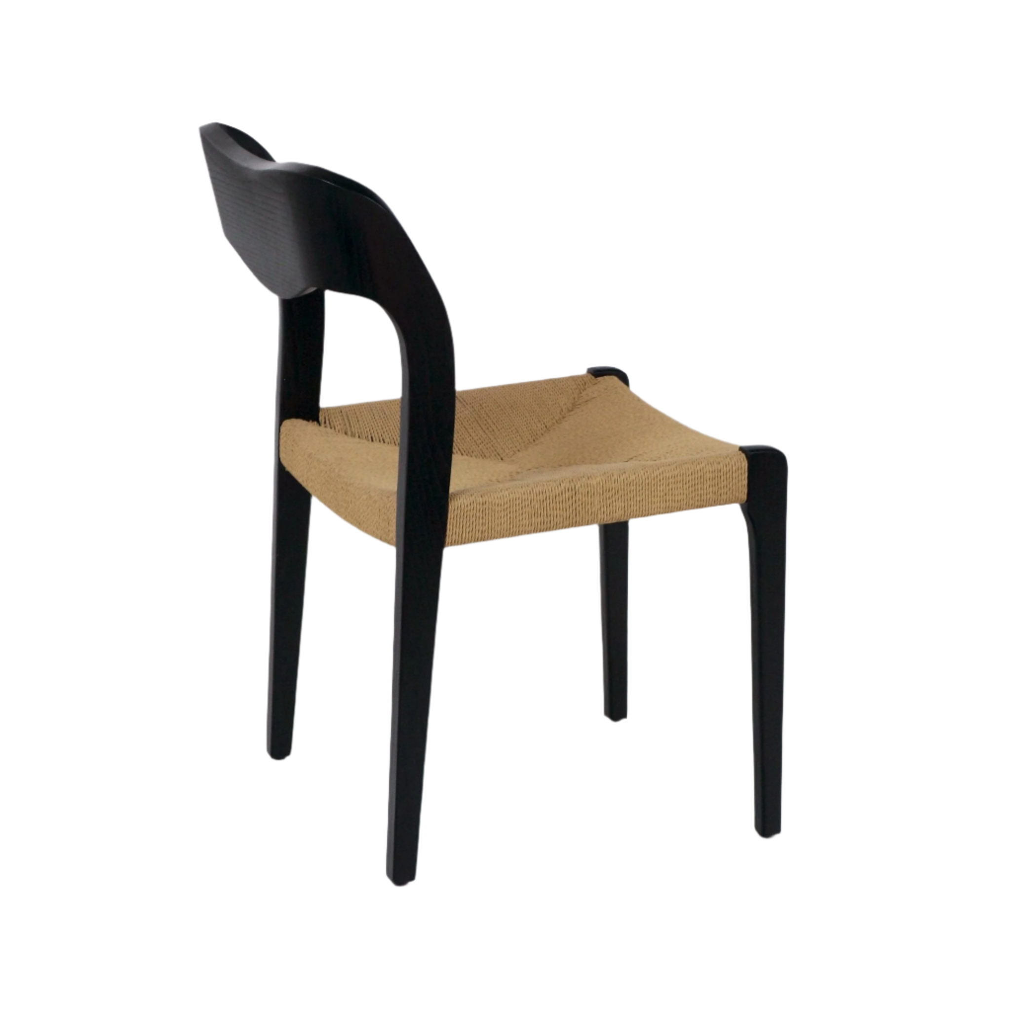 Armless dining chair with a black teak solid wood frame and contoured curved backrest, featuring a natural woven rope seat in a mid-century modern silhouette, shown from a rear three-quarter view on a white background.