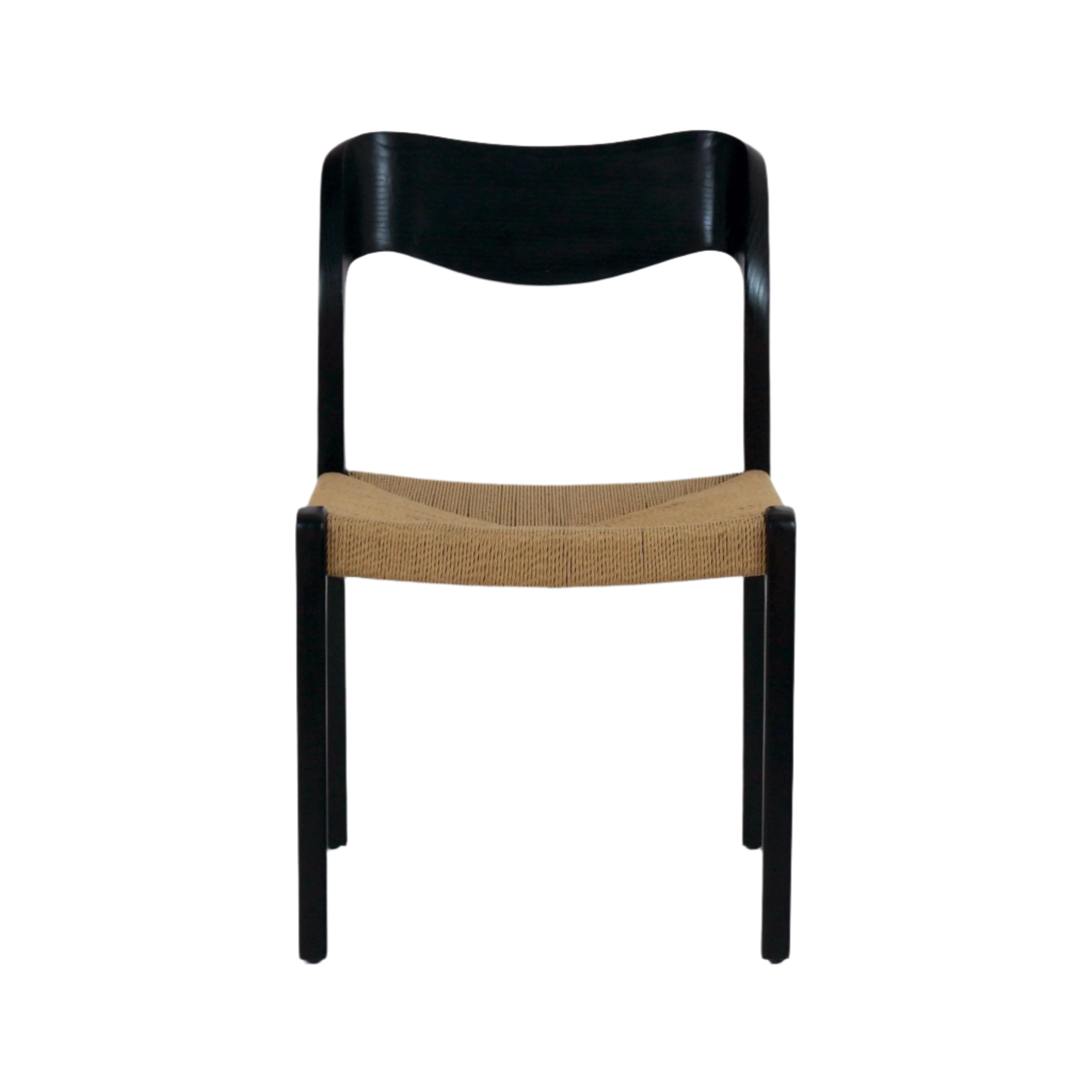 Armless mid-century dining chair with a black teak wood frame and curved backrest, featuring a woven natural rattan seat in tan.