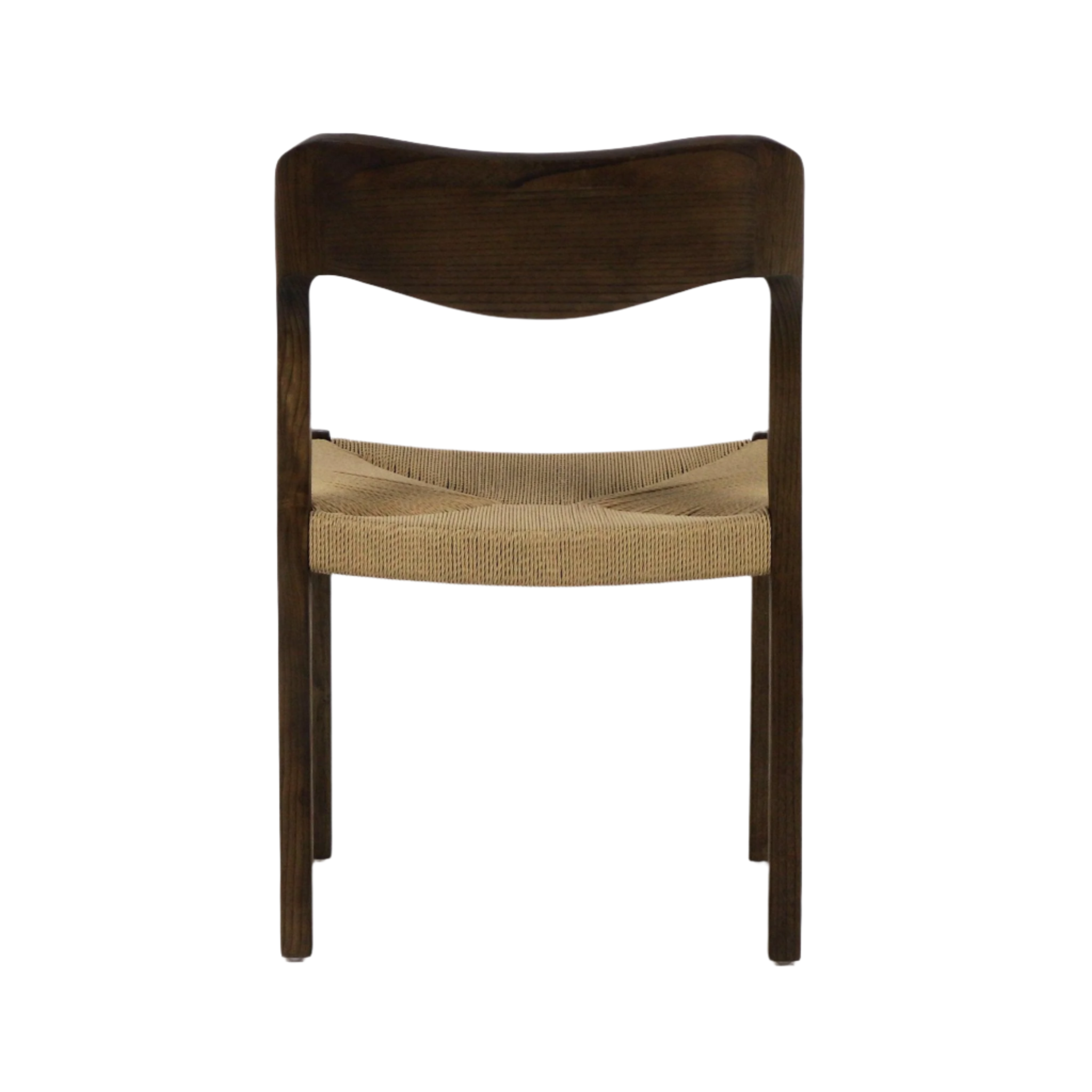 Front view of an armless mid-century modern dining chair with a curved teak frame in an espresso finish and a natural rope-woven seat.