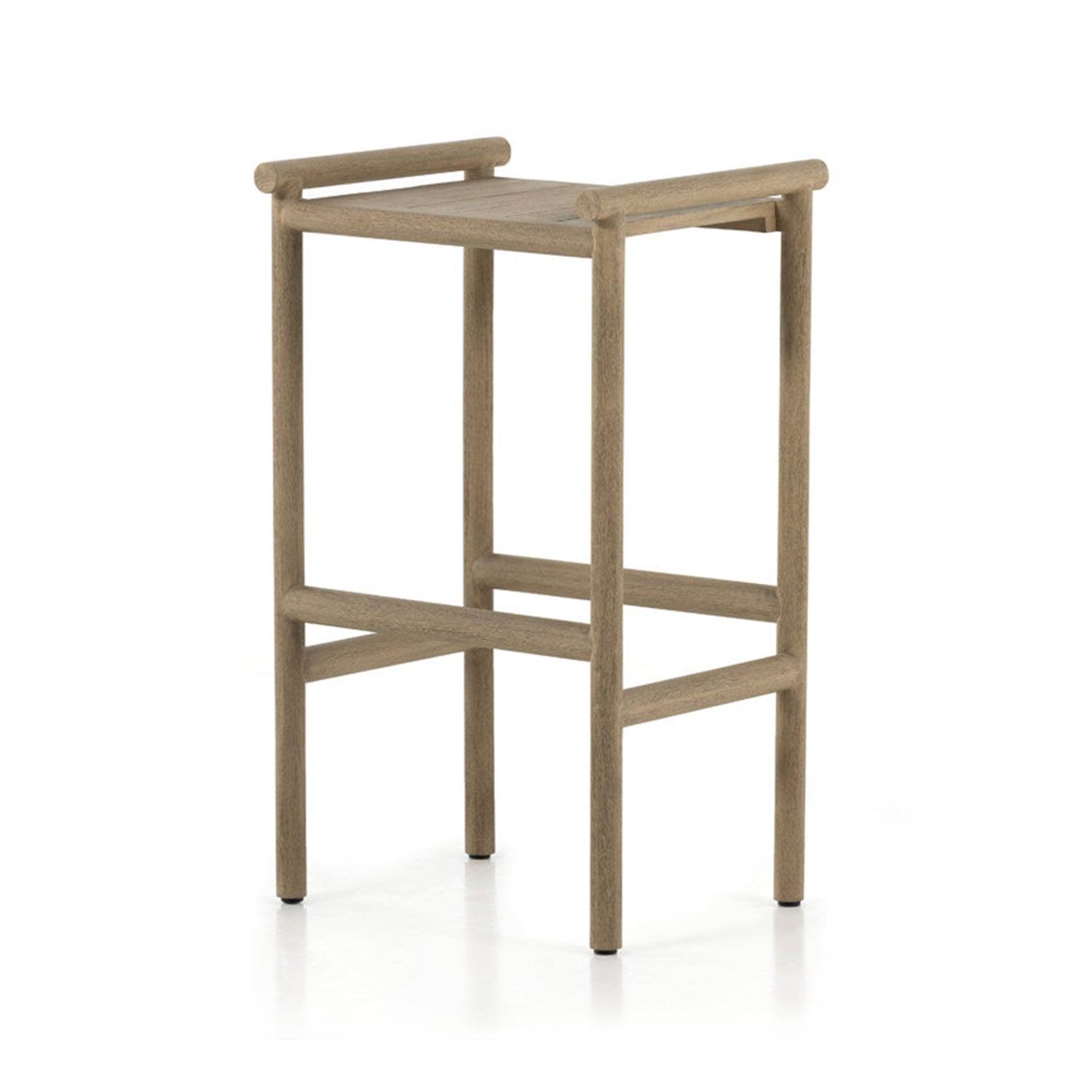 Backless counter-height bar stool in natural teak with a square slatted seat, short rounded top rails and slim legs joined by wood footrests, coastal-modern outdoor seating piece.