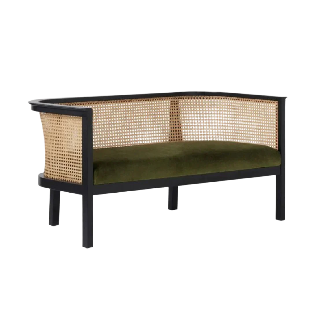 Boho-contemporary entryway bench with a black wooden frame and curved woven cane rattan back and sides, fitted with an olive green upholstered seat cushion.