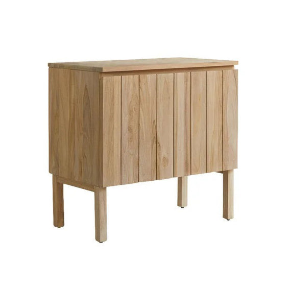 Freestanding 31-inch modern solid wood bathroom vanity in a natural teak finish with vertical slat-front doors, raised square legs and a flat top suitable for a round vessel sink.