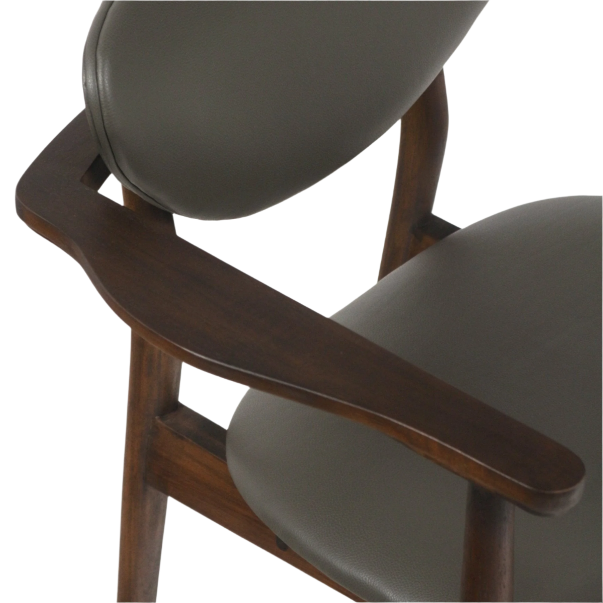 Close-up of a mid-century modern dining chair showing a teak wood armrest and frame with taupe-gray leather upholstery on the rounded back and padded seat.