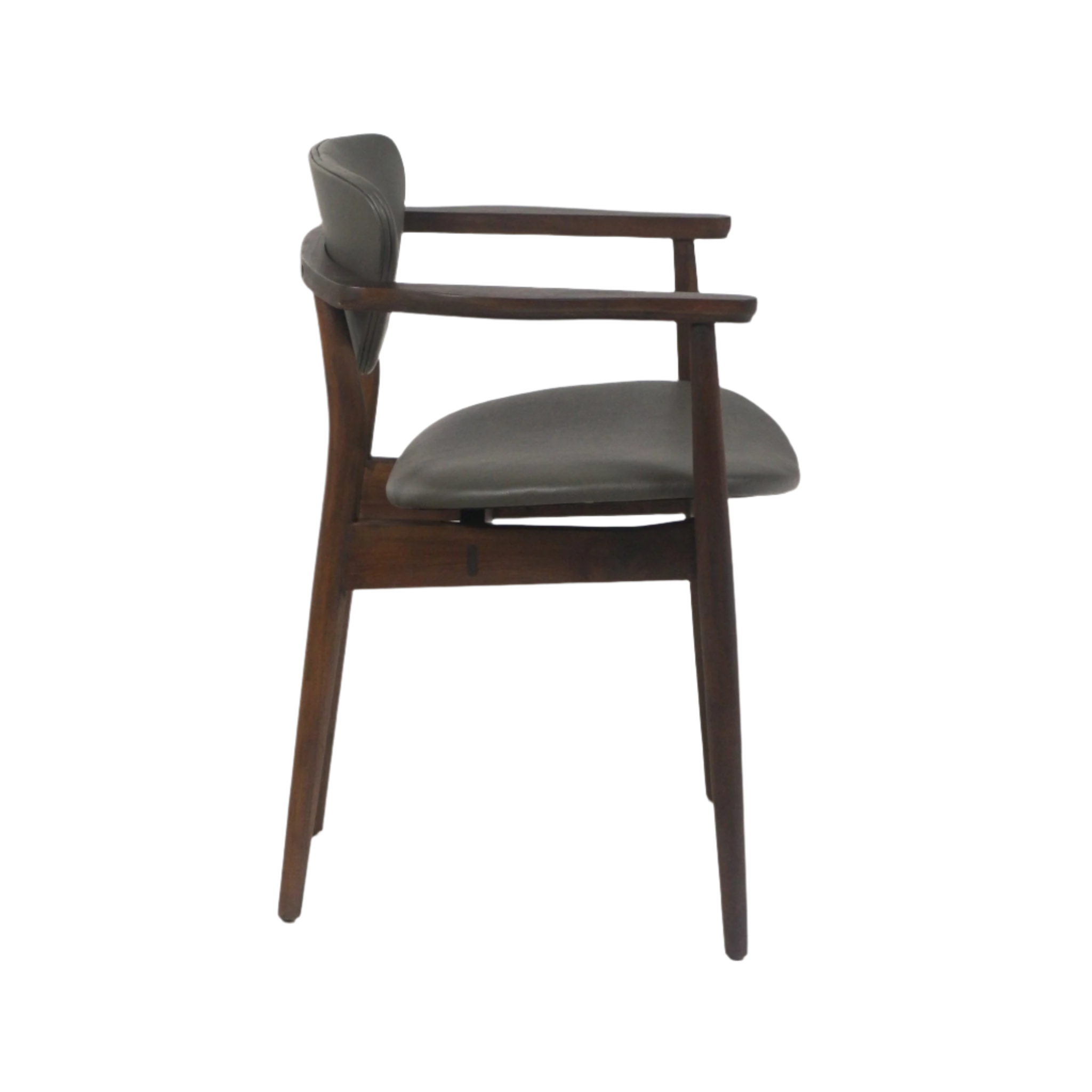 Side view of a mid-century modern teak dining chair with walnut-toned wooden frame, gray leather upholstered seat and curved backrest, slim tapered legs and integrated wooden arms.